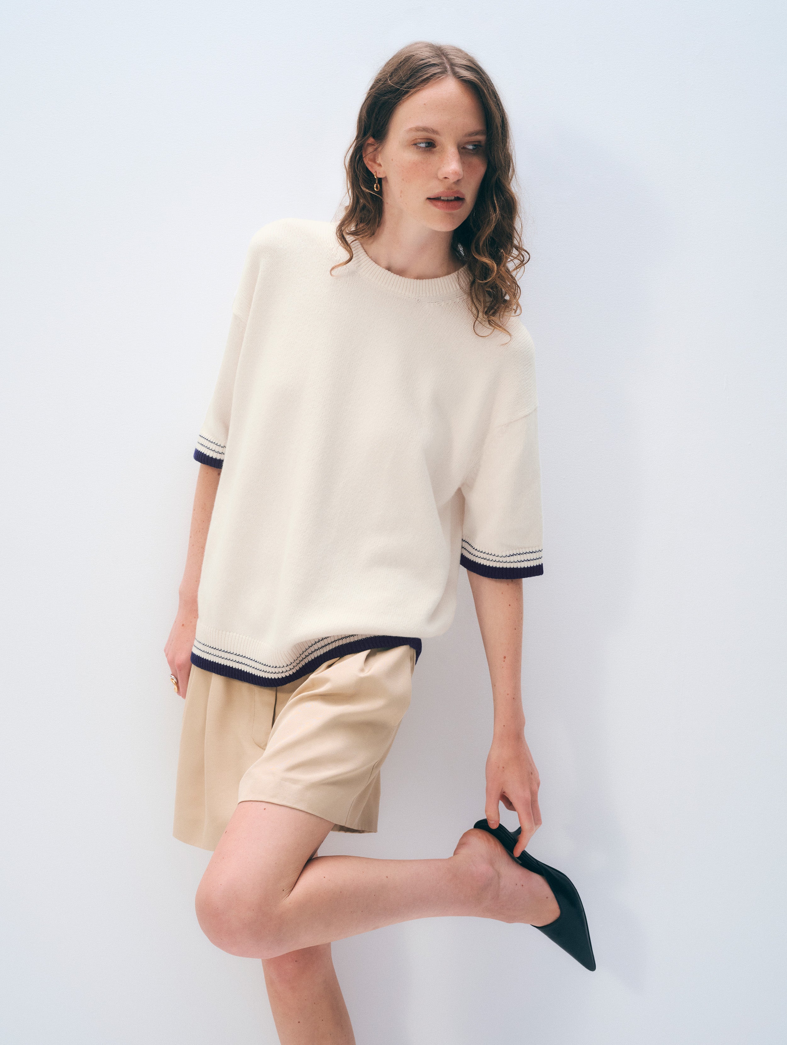 Cotton Cashmere Relaxed Tee | Ivory/Navy