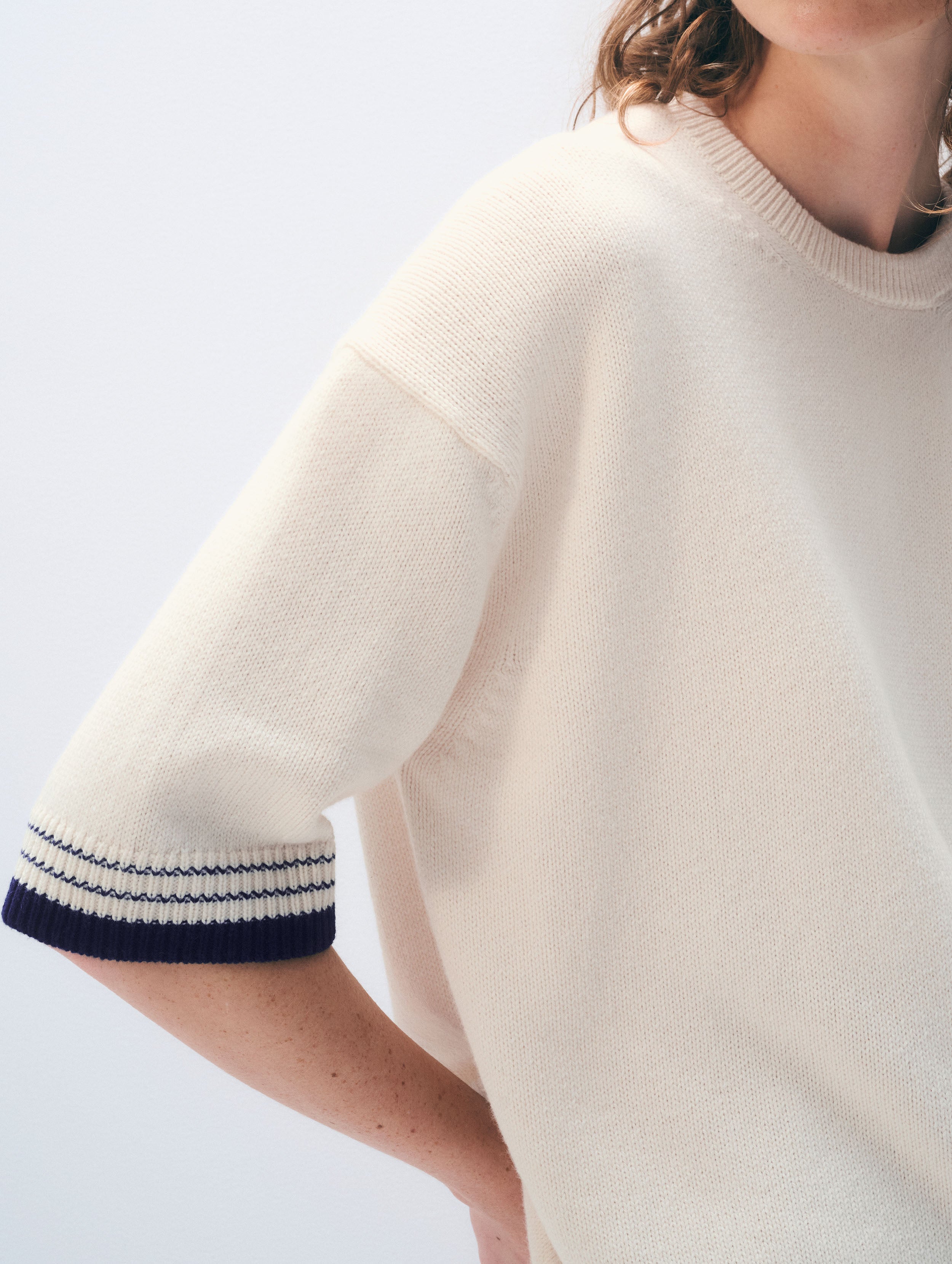 Cotton Cashmere Relaxed Tee | Ivory/Navy