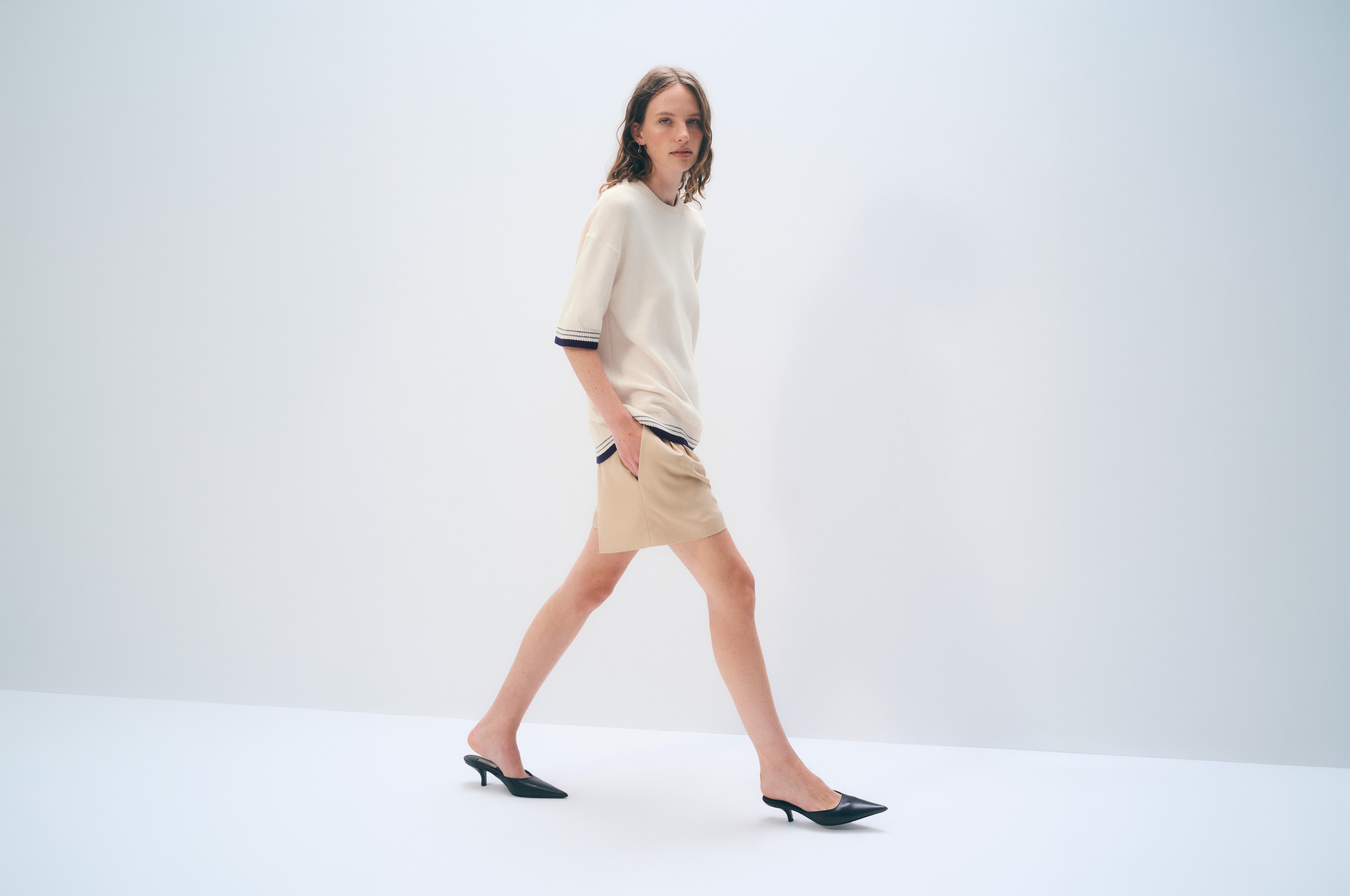 Cotton Cashmere Relaxed Tee | Ivory/Navy