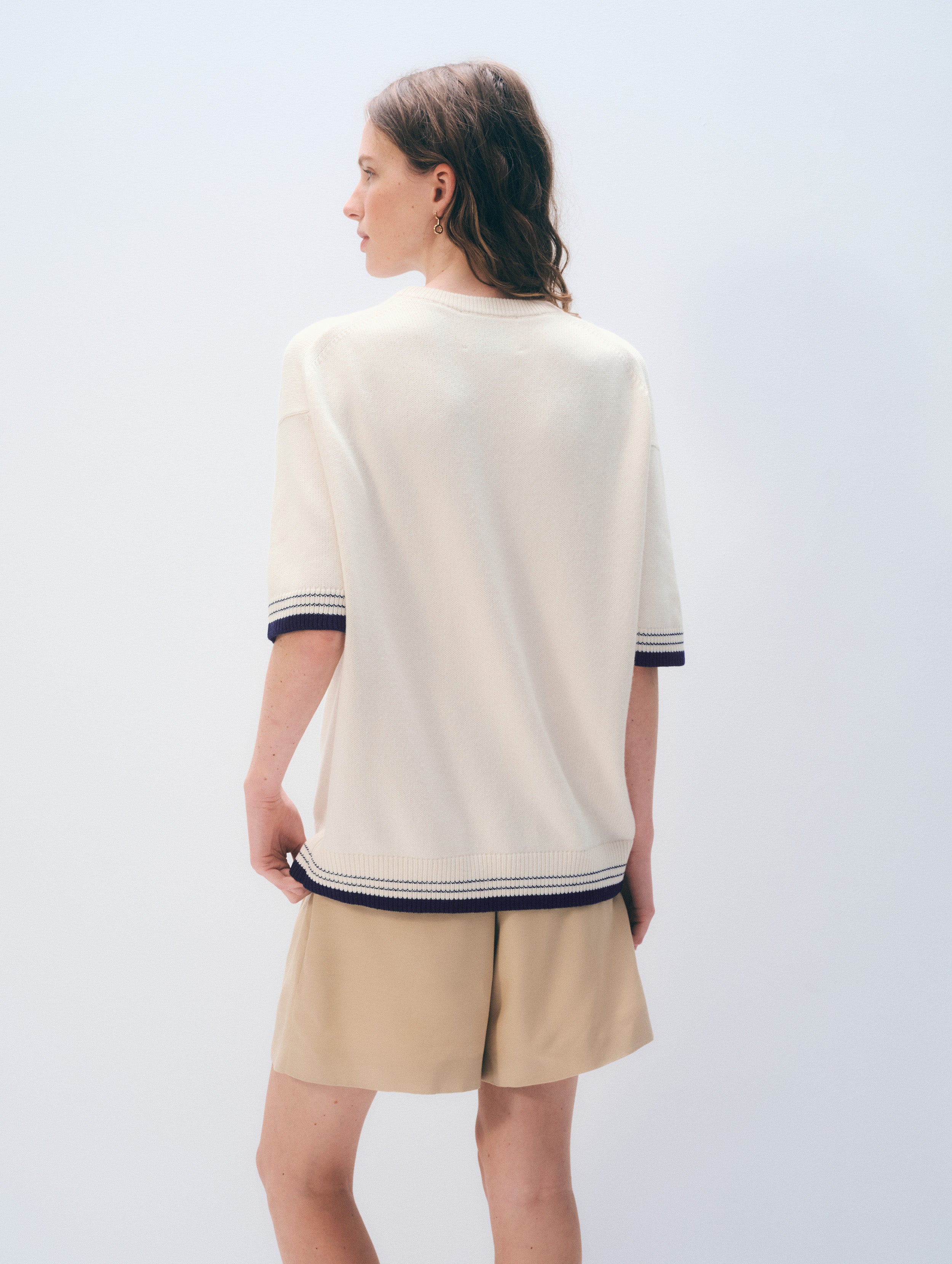 Cotton Cashmere Relaxed Tee | Ivory/Navy