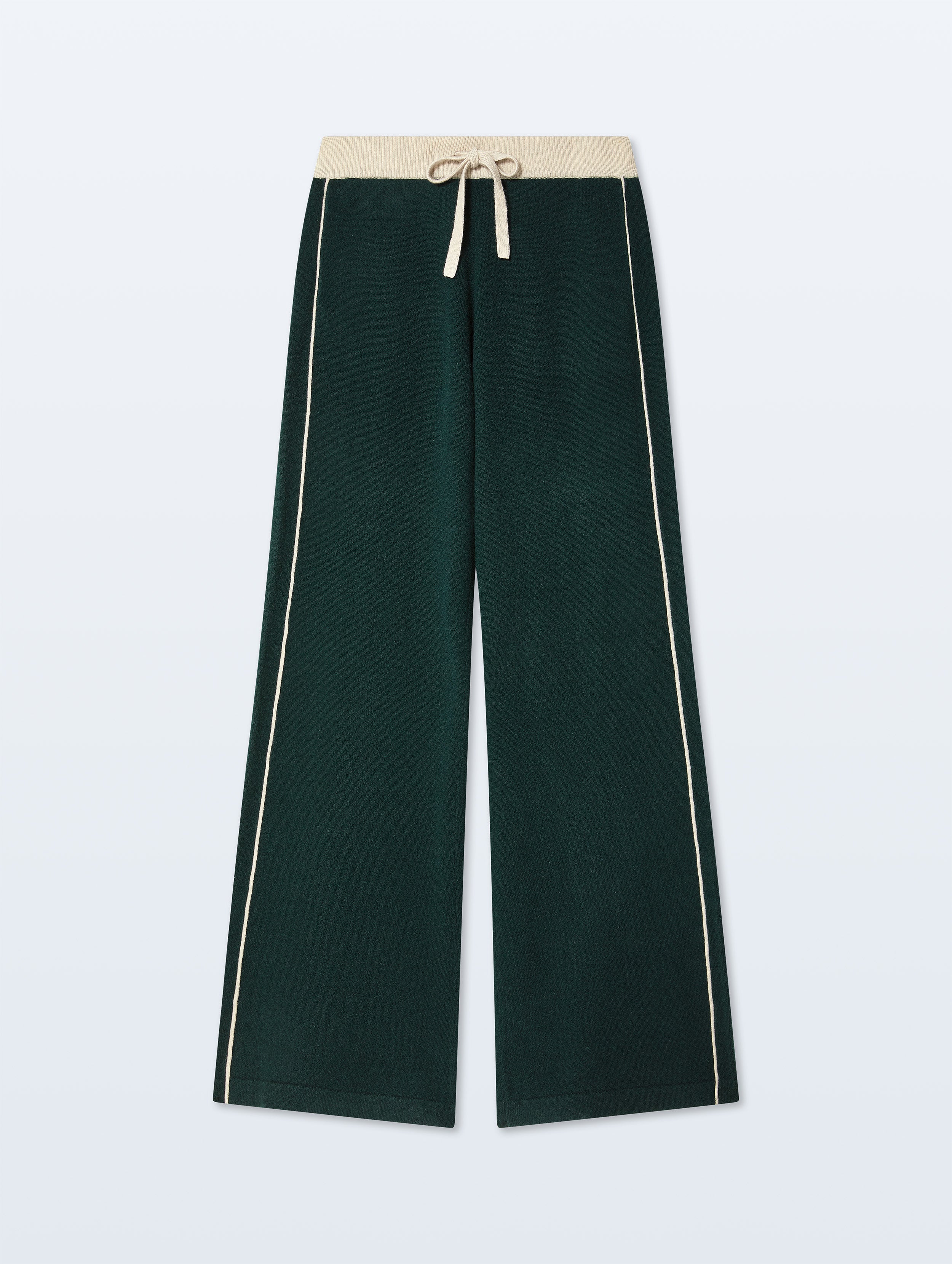 Dark green wide-leg trousers with a beige elastic waistband and beige drawstring, accented by thin beige side stripes, shown against a light gray background.