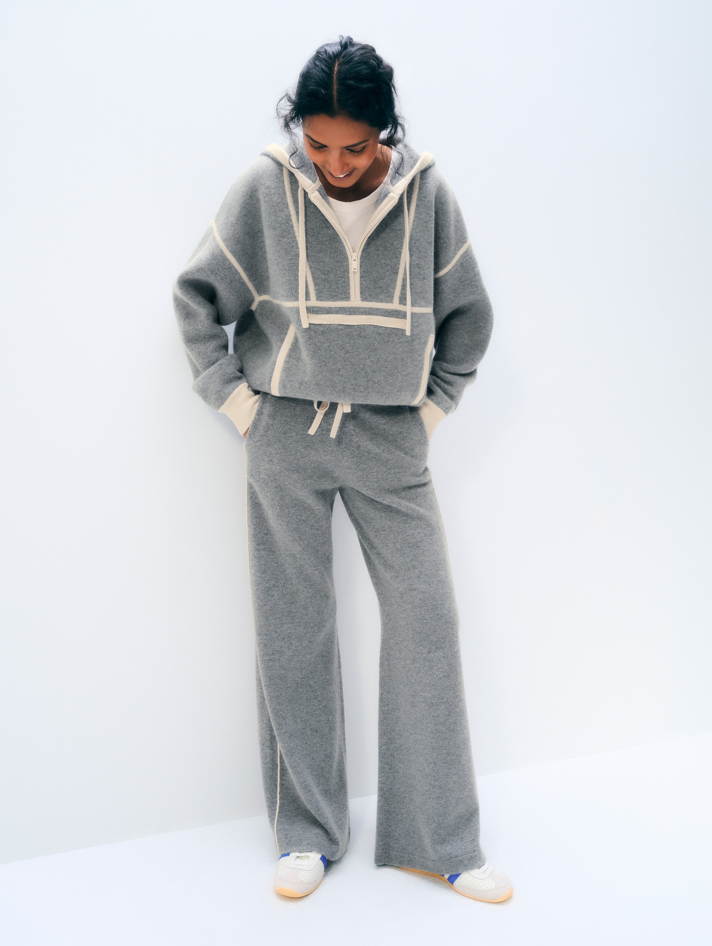 Cashmere Blend Track Pant | Grey/Ivory