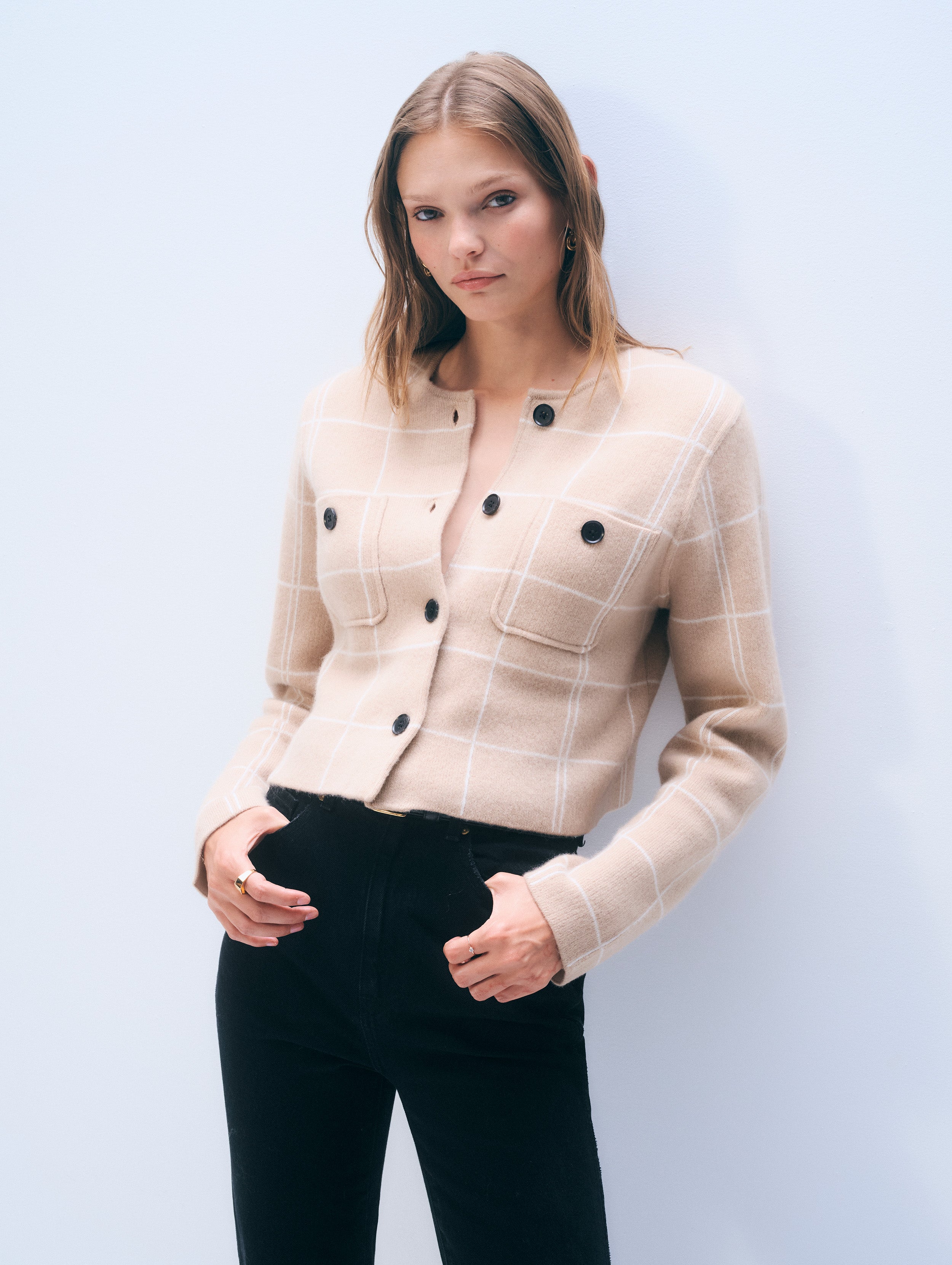 Cashmere Windowpane Cardigan | Muted Camel