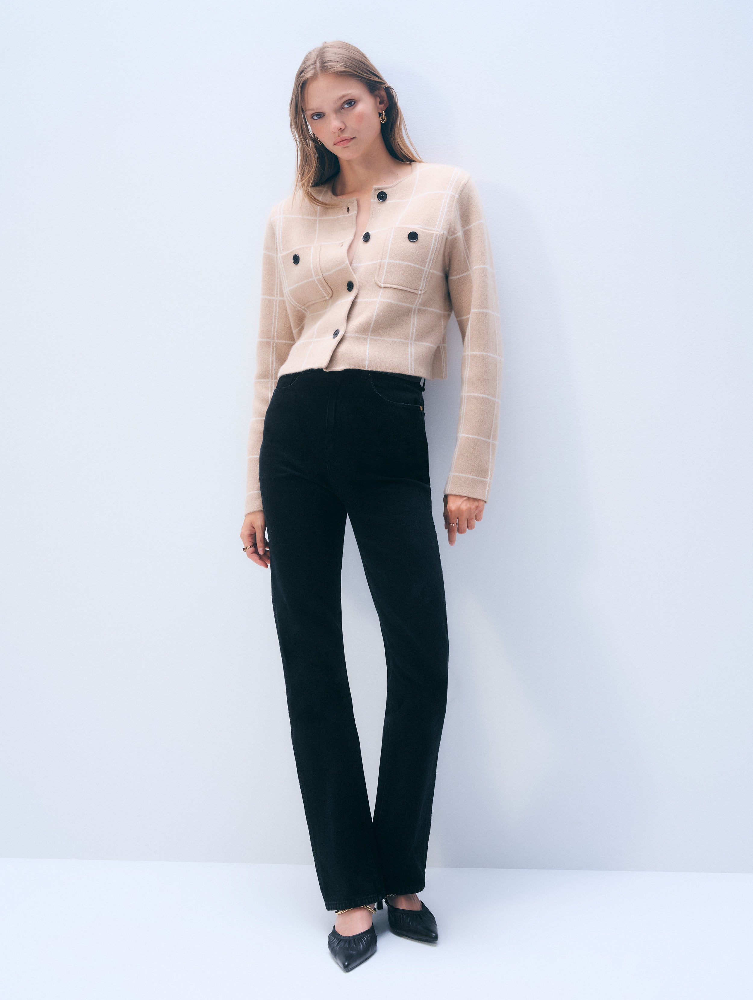 Cashmere Windowpane Cardigan | Muted Camel