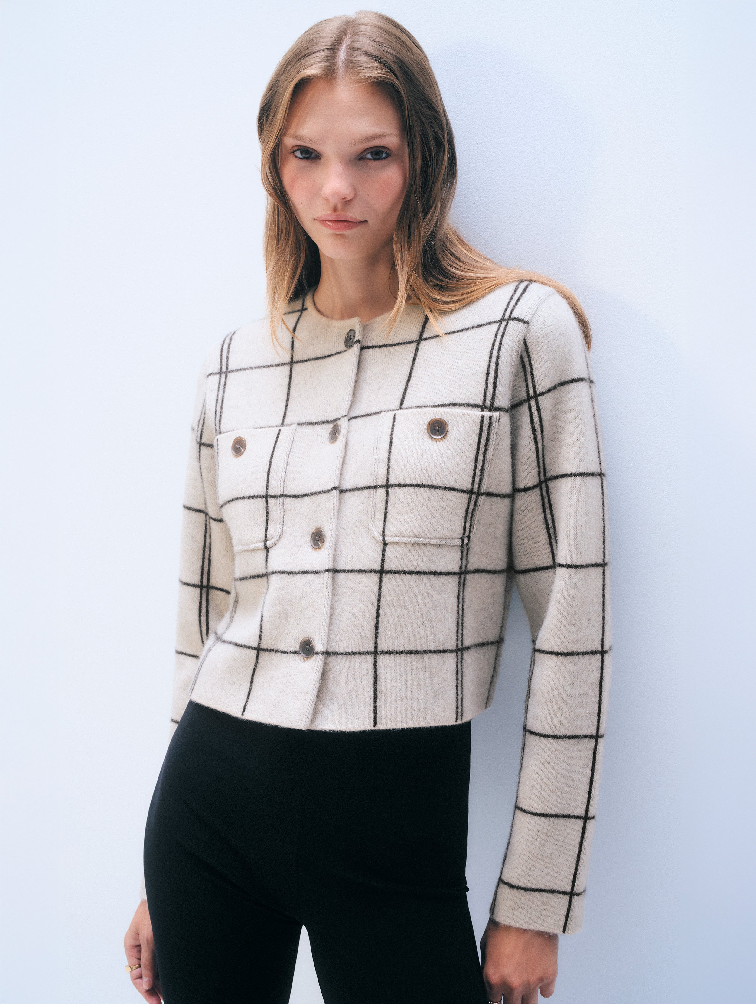 Cashmere Windowpane Cardigan | Natural Heather