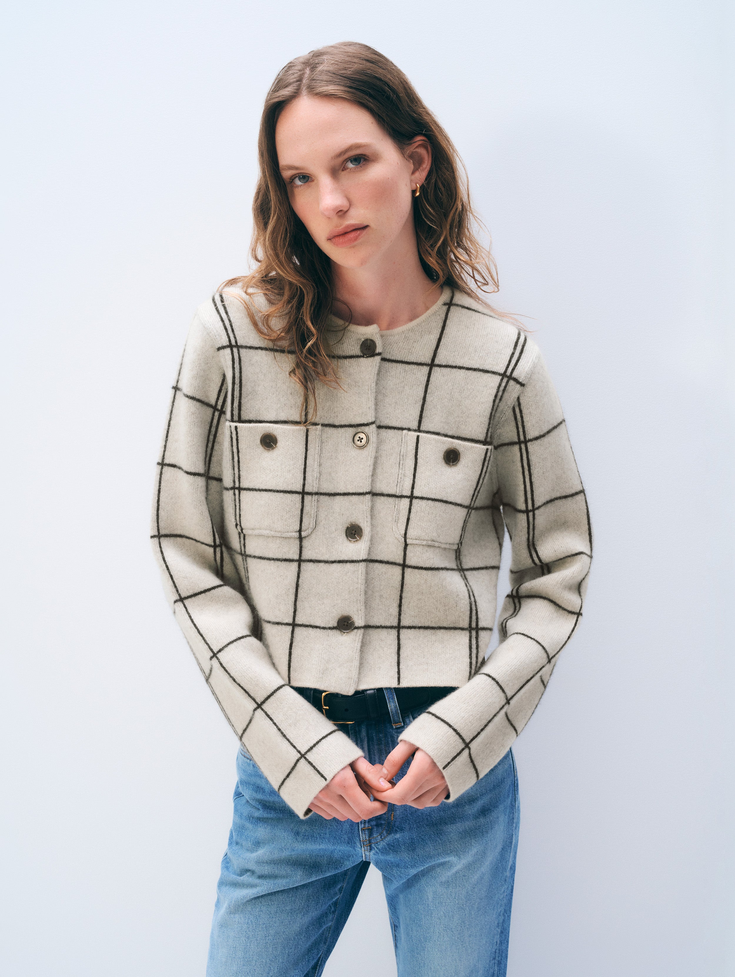 Cashmere Windowpane Cardigan | Natural Heather