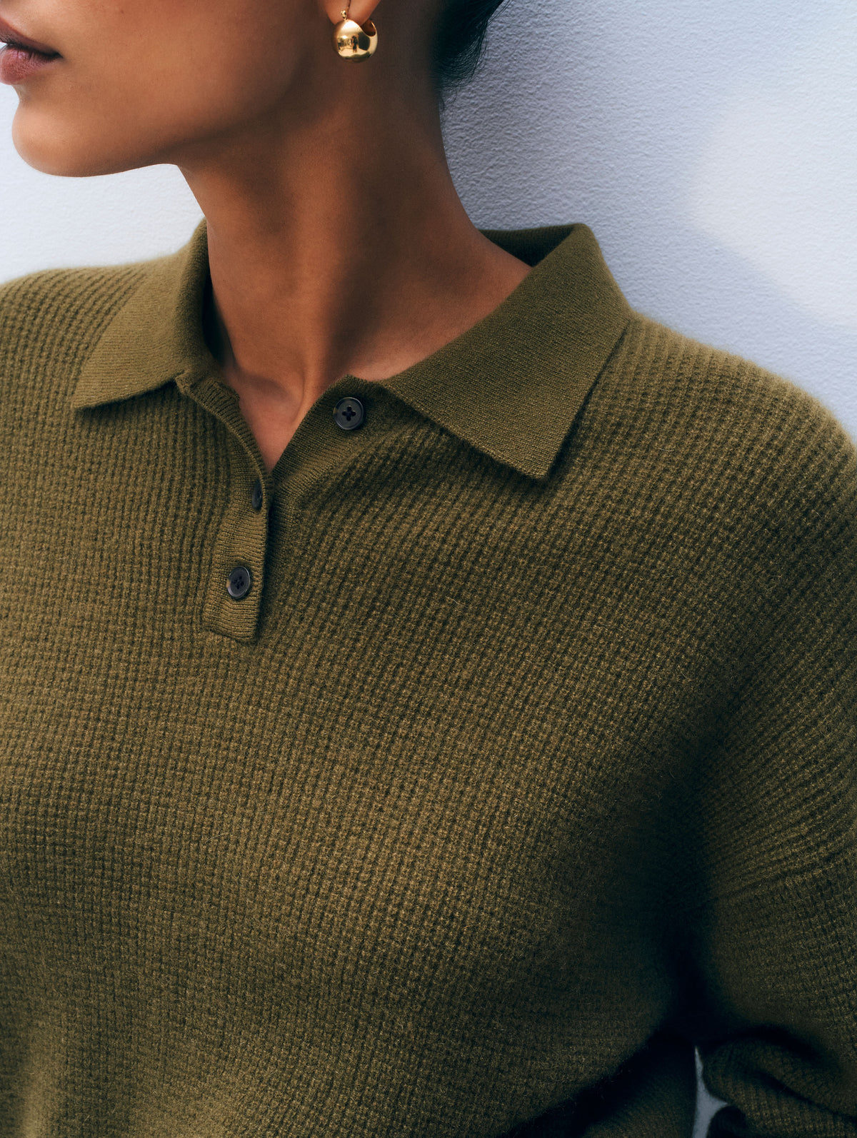 Cashmere Waffle Polo | Deep Olive
