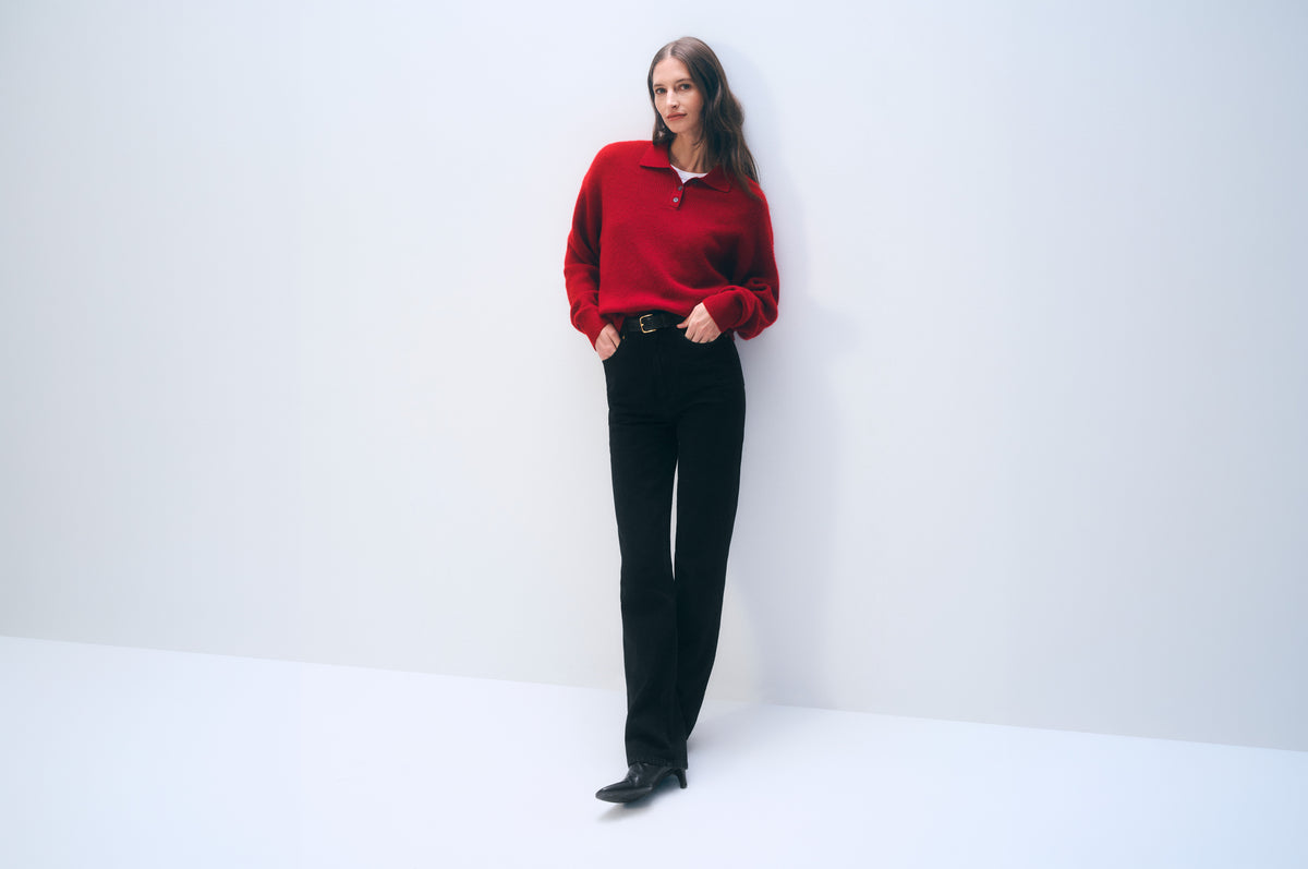 Cashmere Waffle Polo | Garnet Red