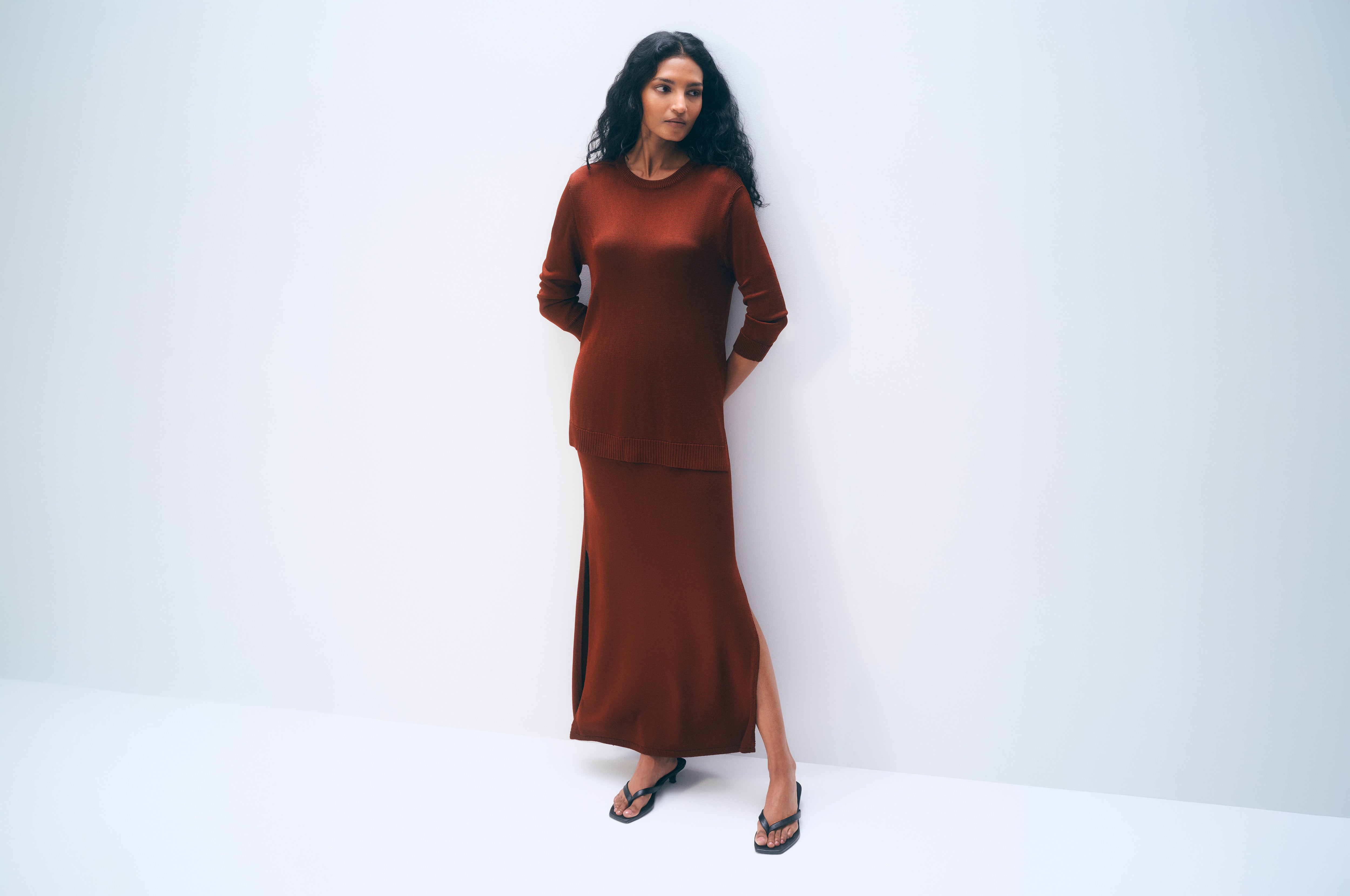 Luster Viscose Long Sleeve Crewneck | Rich Brown