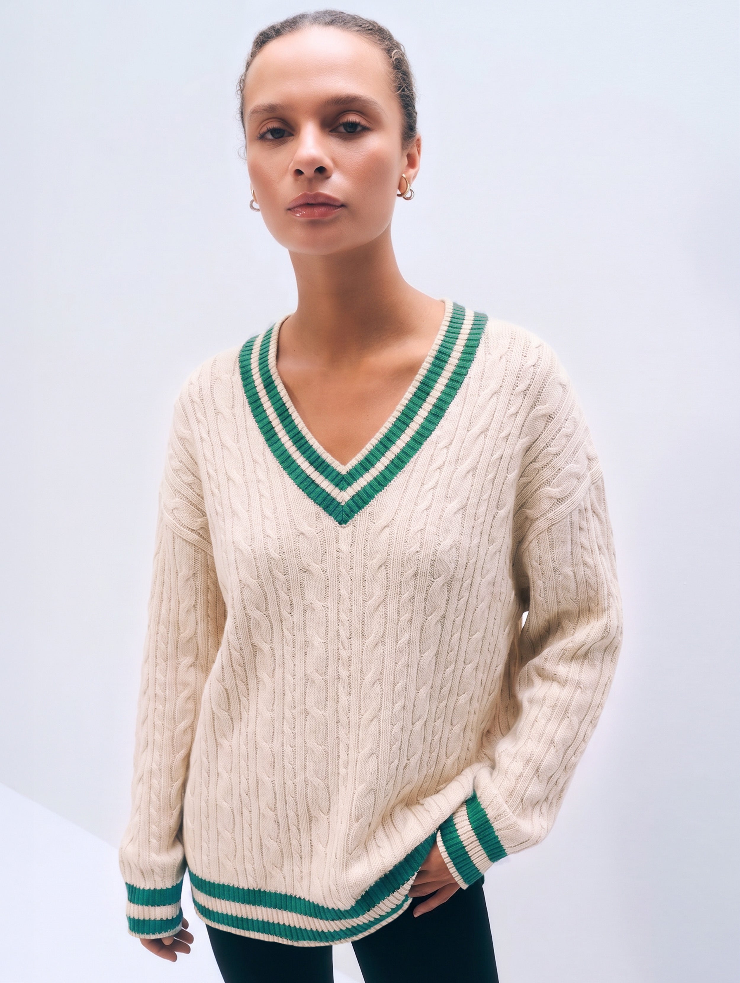 Varsity Cotton V Neck | Ivory/Retro Green