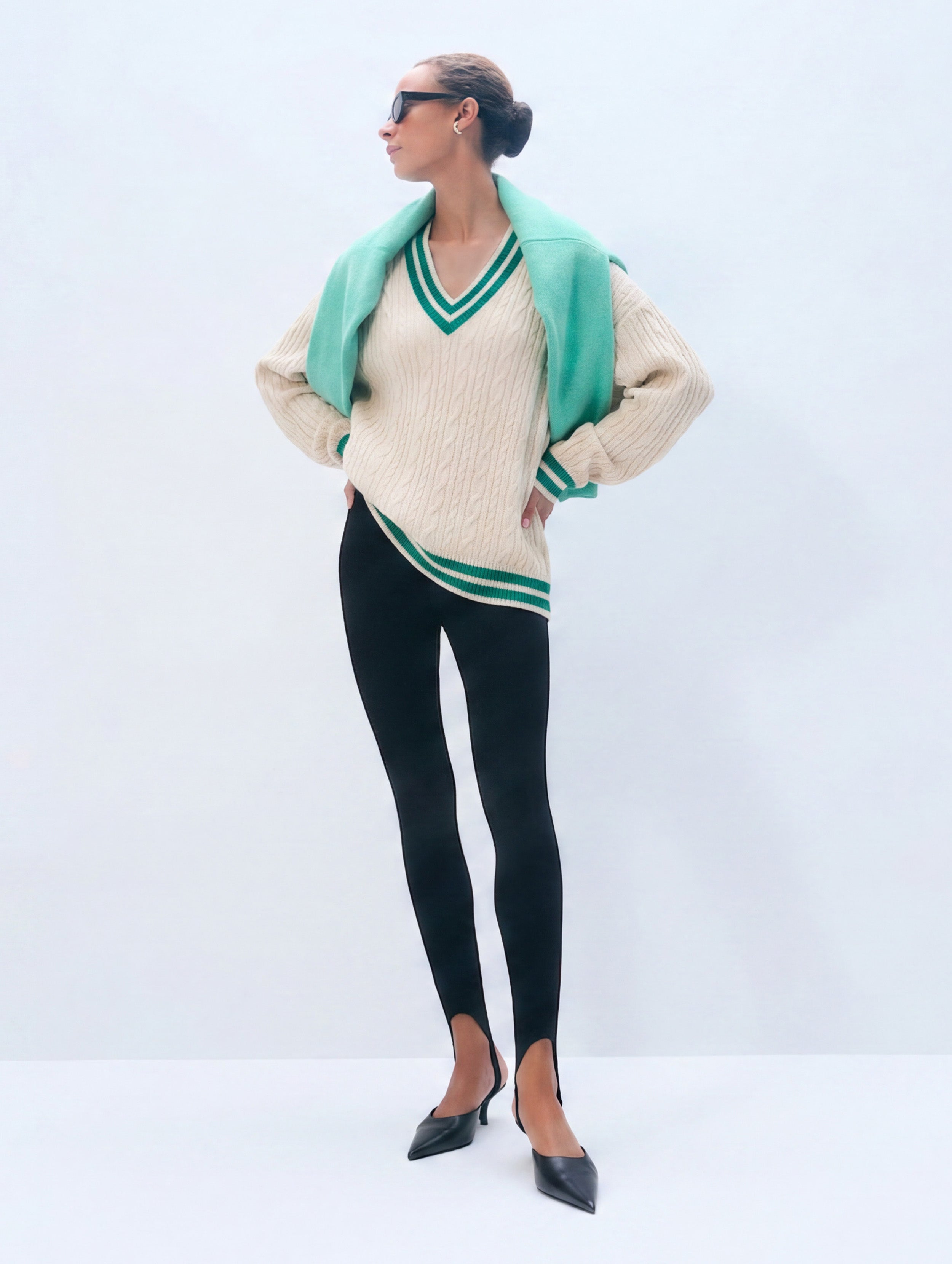 Varsity Cotton V Neck | Ivory/Retro Green
