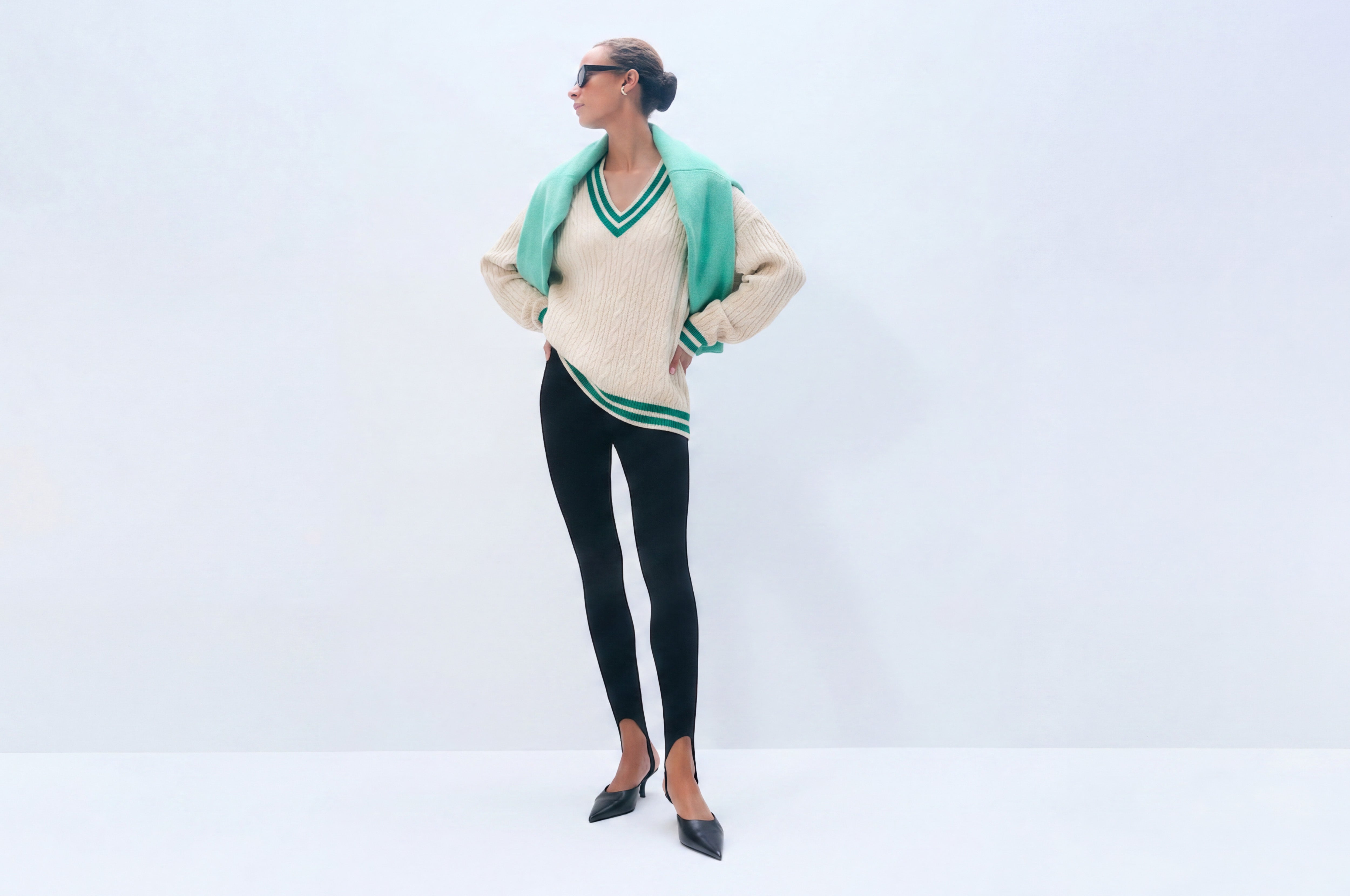 Varsity Cotton V Neck | Ivory/Retro Green