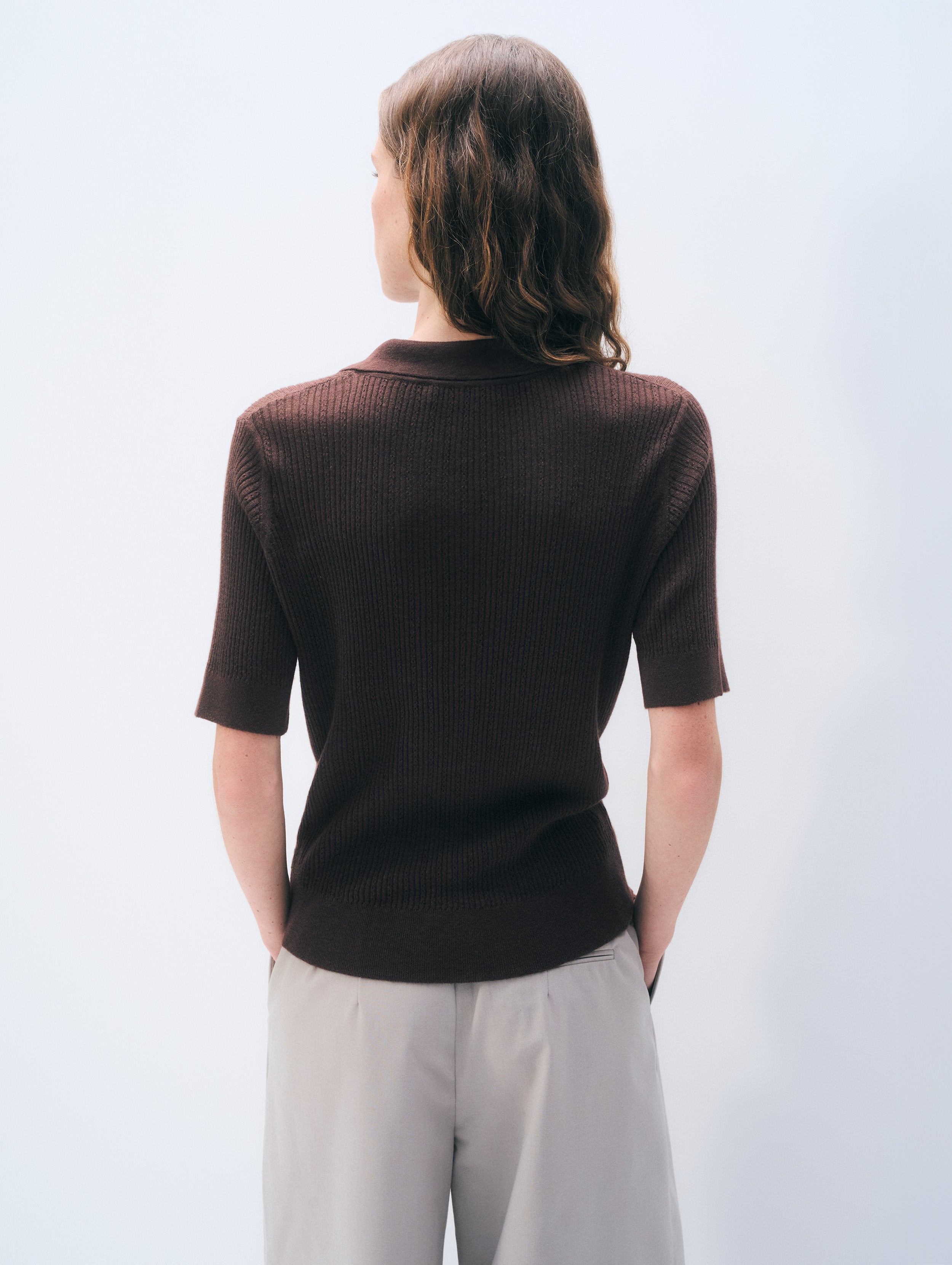 Cashmere Linen Pointelle Polo | Dark Espresso