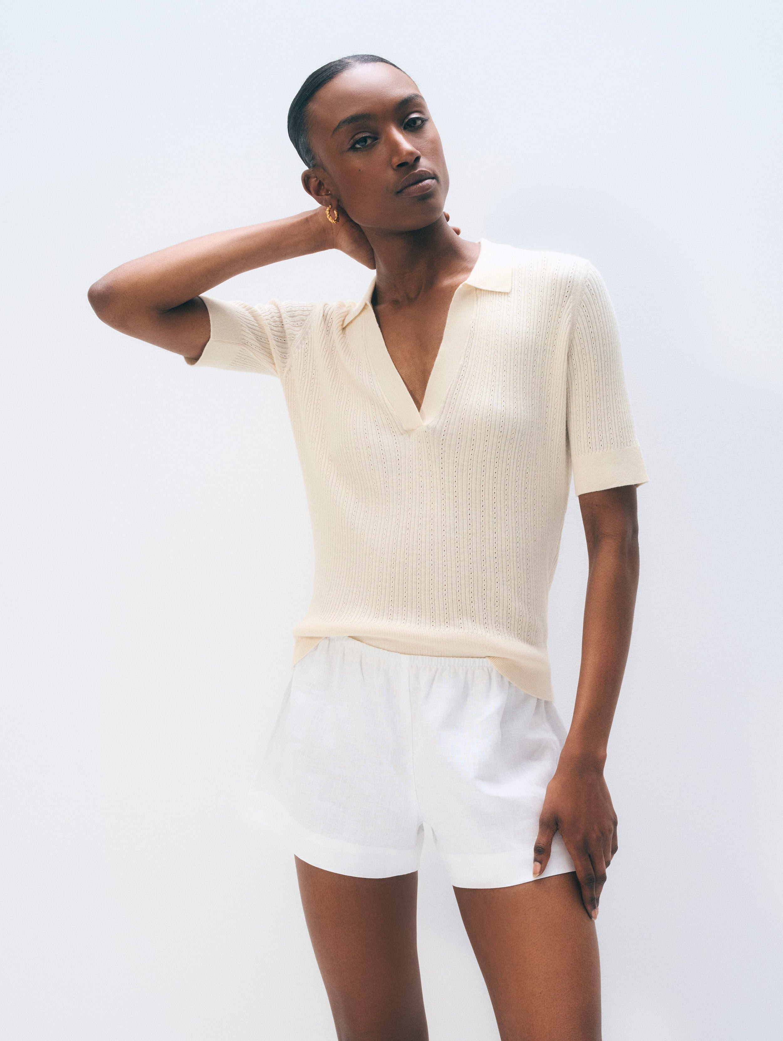 Cashmere Linen Pointelle Polo | Ivory