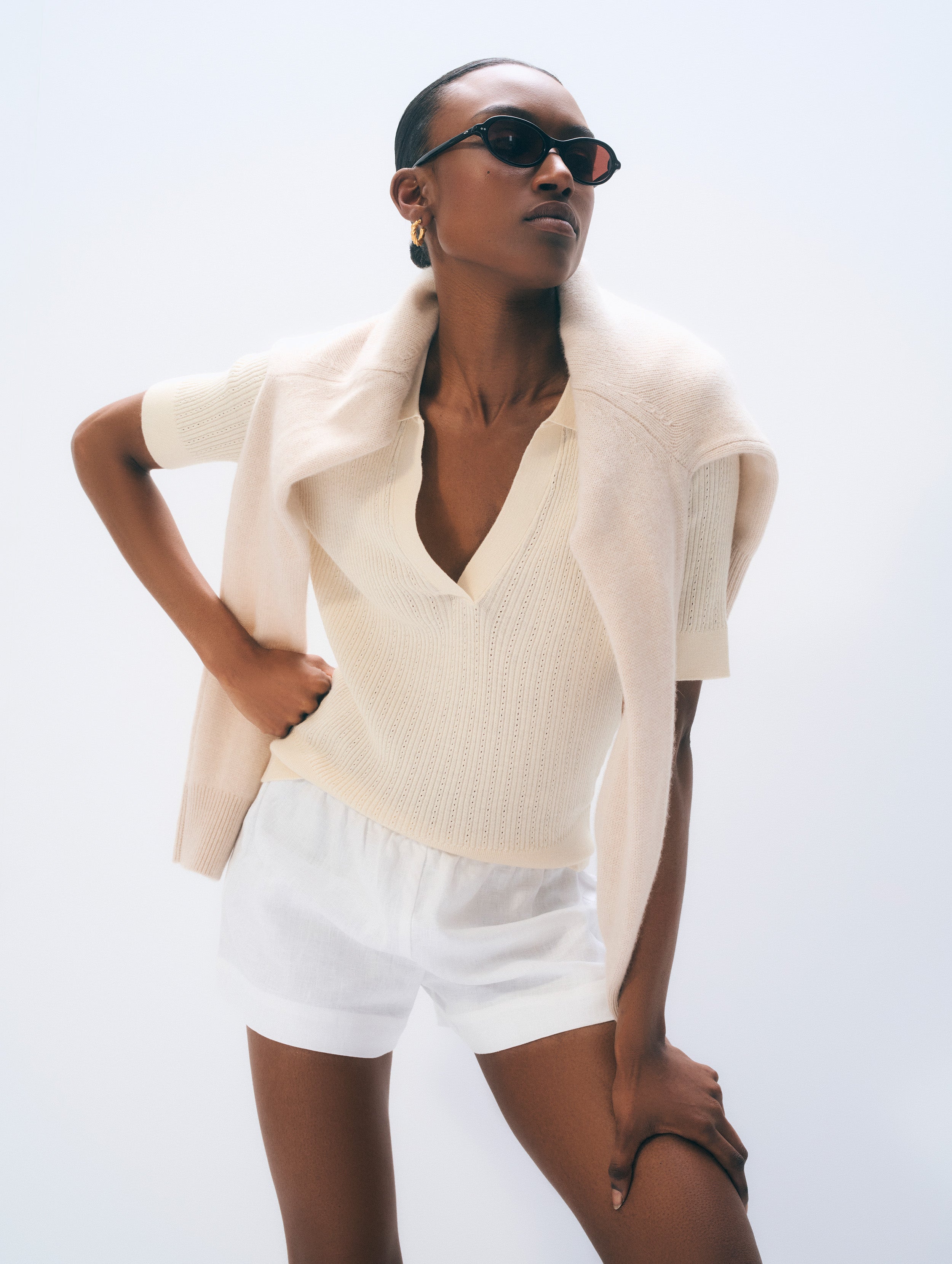 Cashmere Linen Pointelle Polo | Ivory