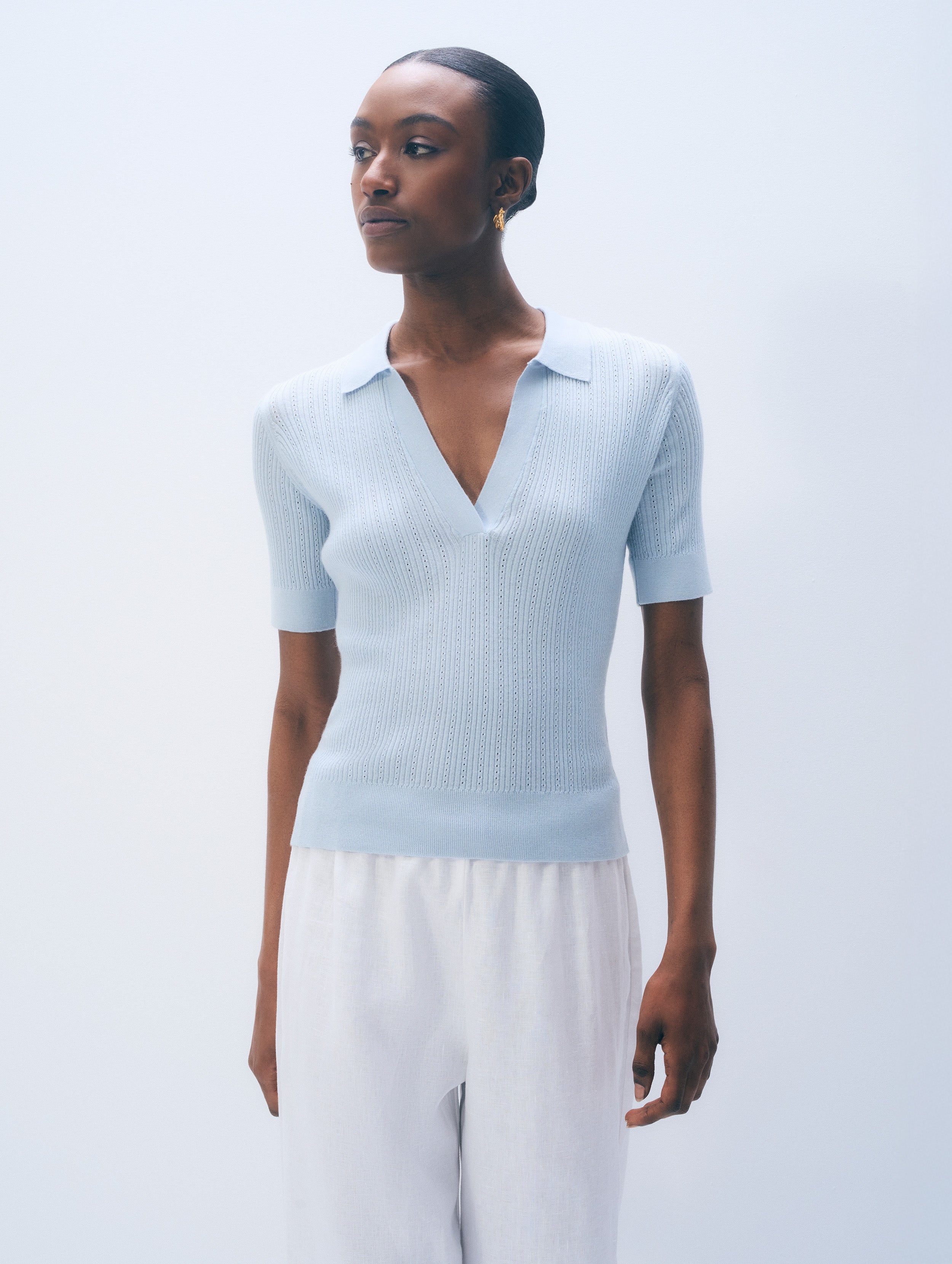 Cashmere Linen Pointelle Polo | Pastel Blue