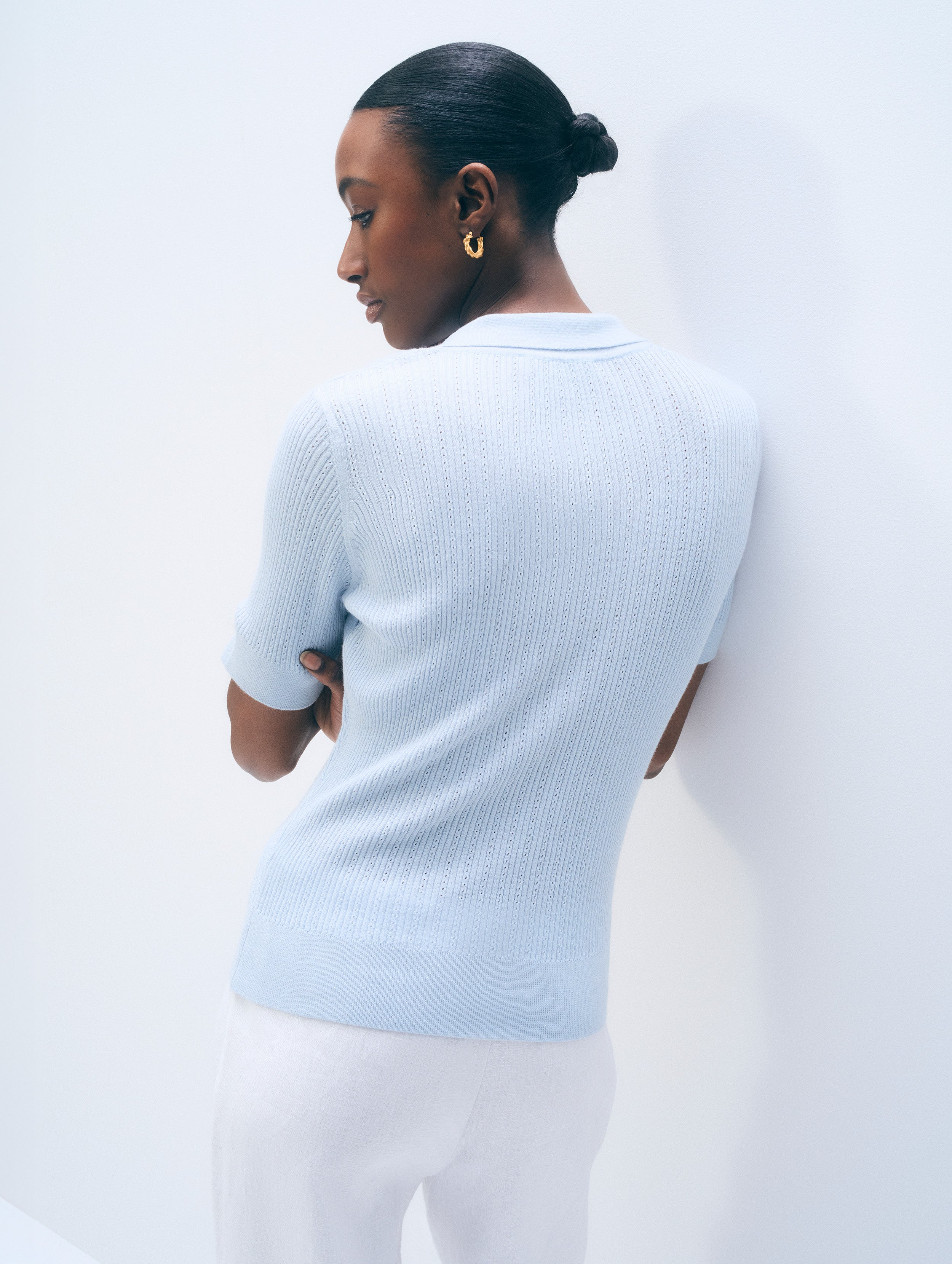 Cashmere Linen Pointelle Polo | Pastel Blue