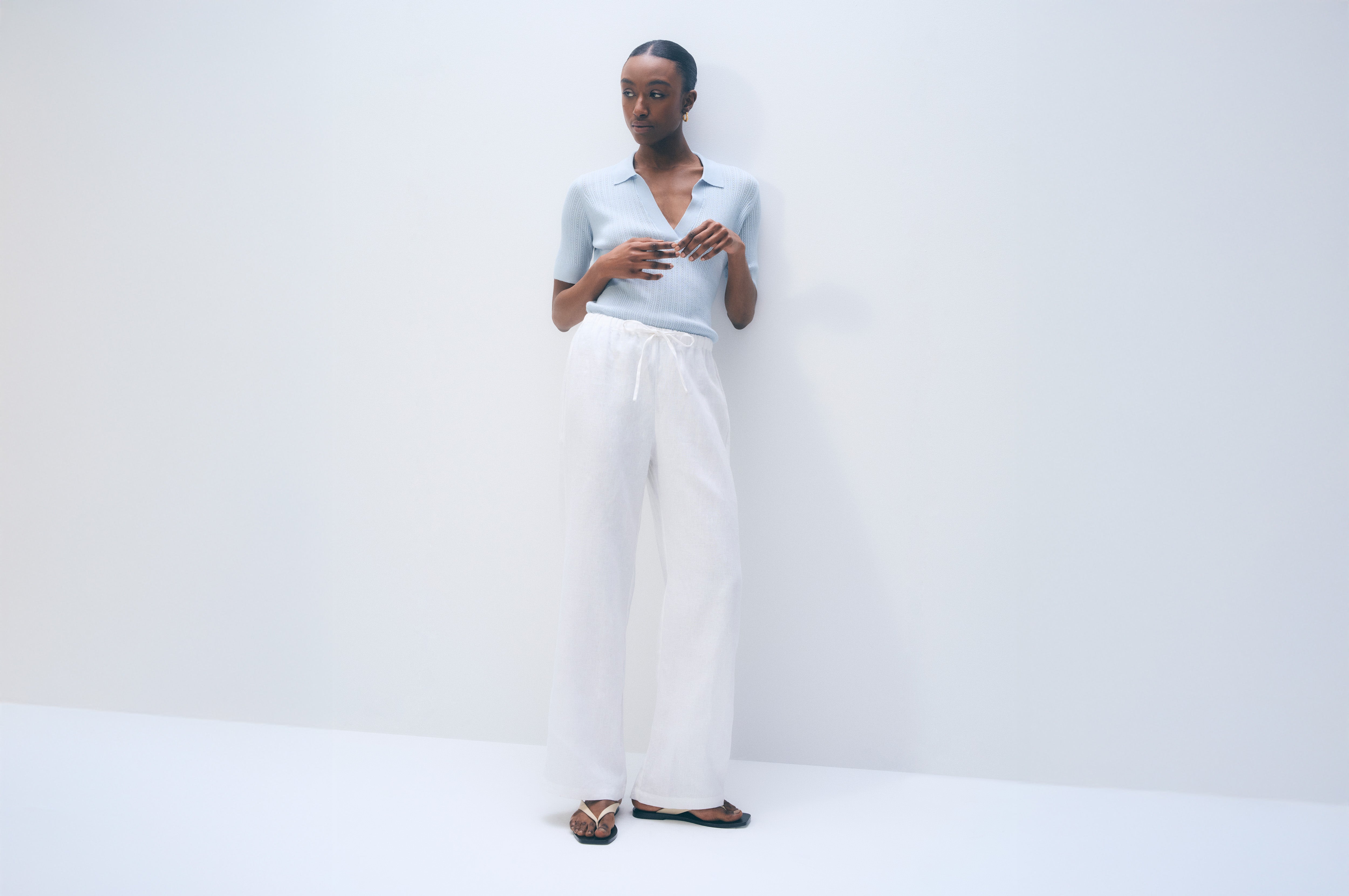 Cashmere Linen Pointelle Polo | Pastel Blue