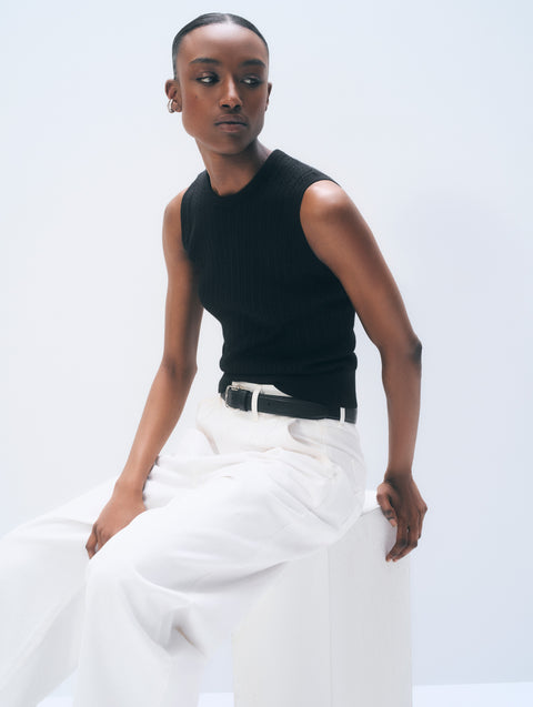 Cashmere Linen Fine Cable Shell Tank | Black