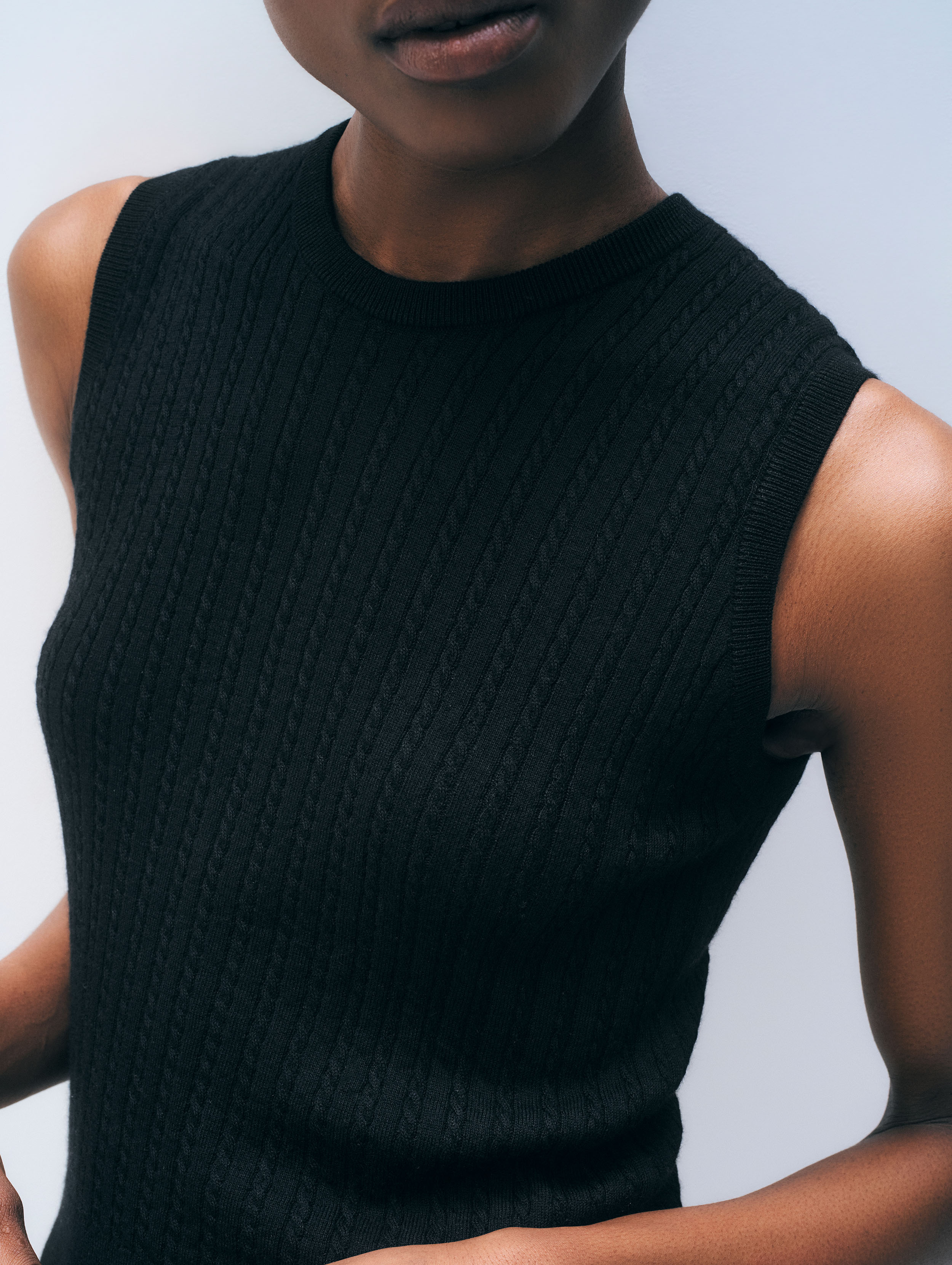 Cashmere Linen Fine Cable Shell Tank | Black