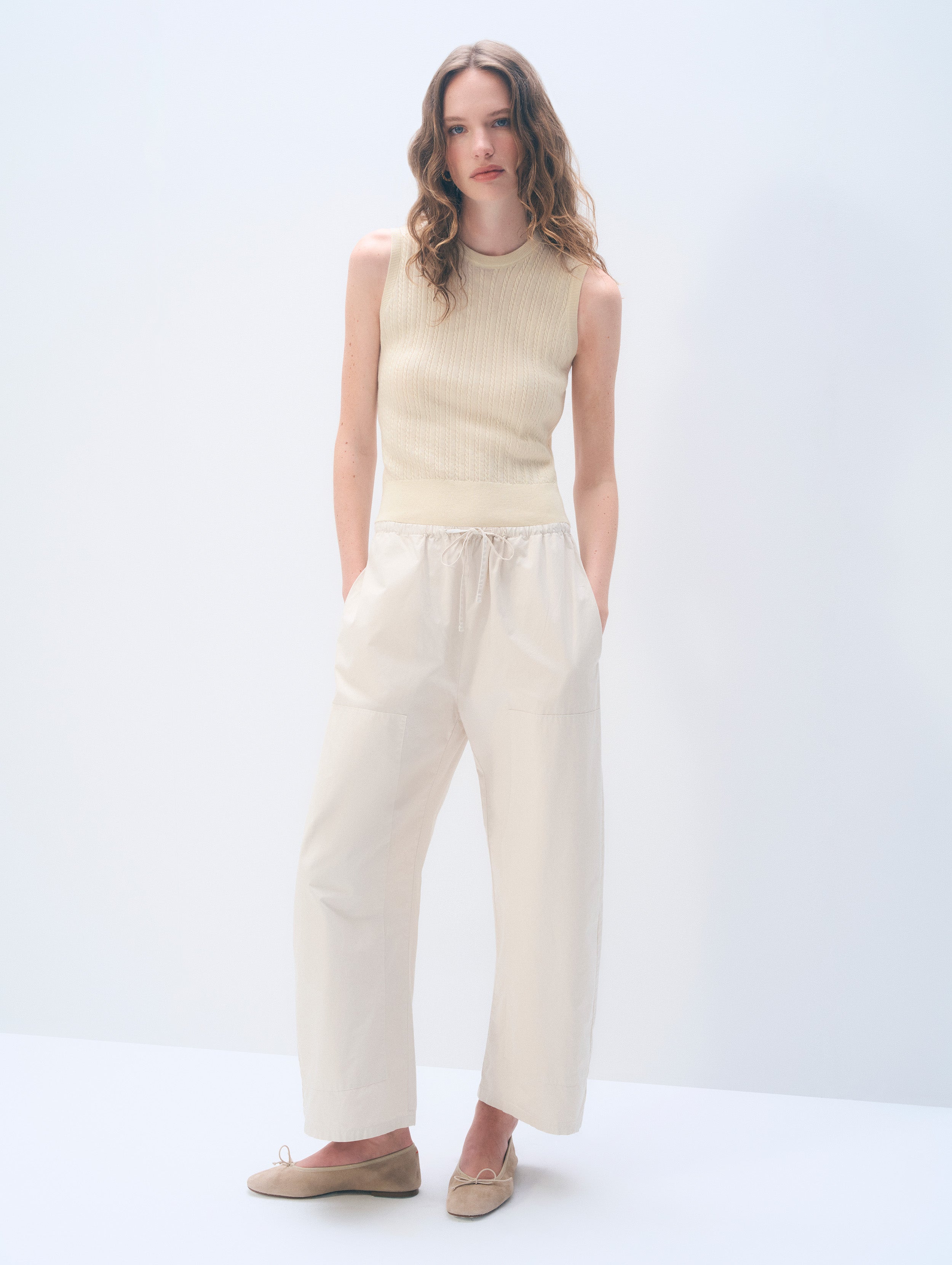 Cashmere Linen Fine Cable Shell Tank | Ivory