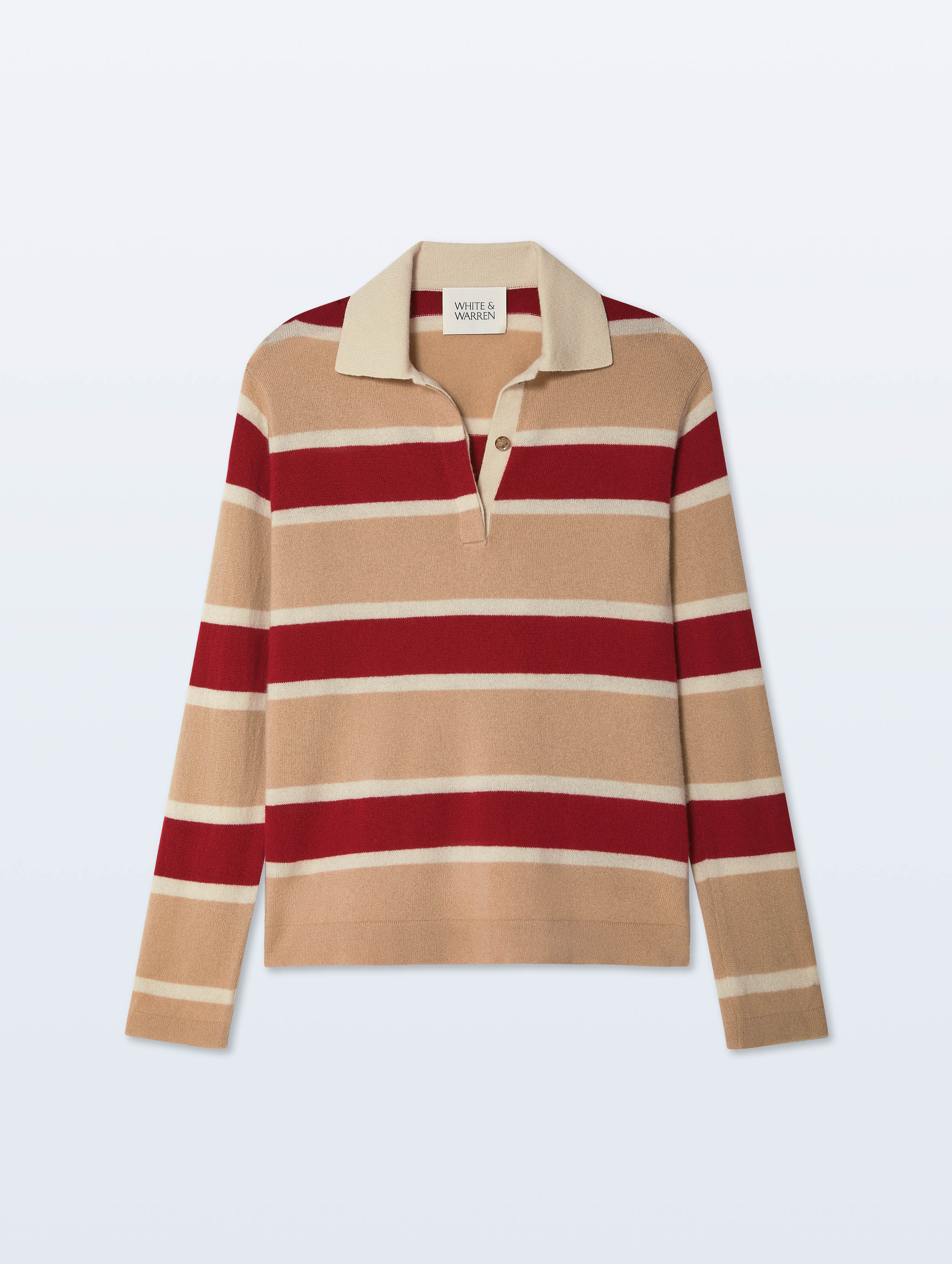 A long-sleeve knit polo sweater with horizontal stripes in beige, cream, and deep red, featuring a cream collar and a three-button placket.
