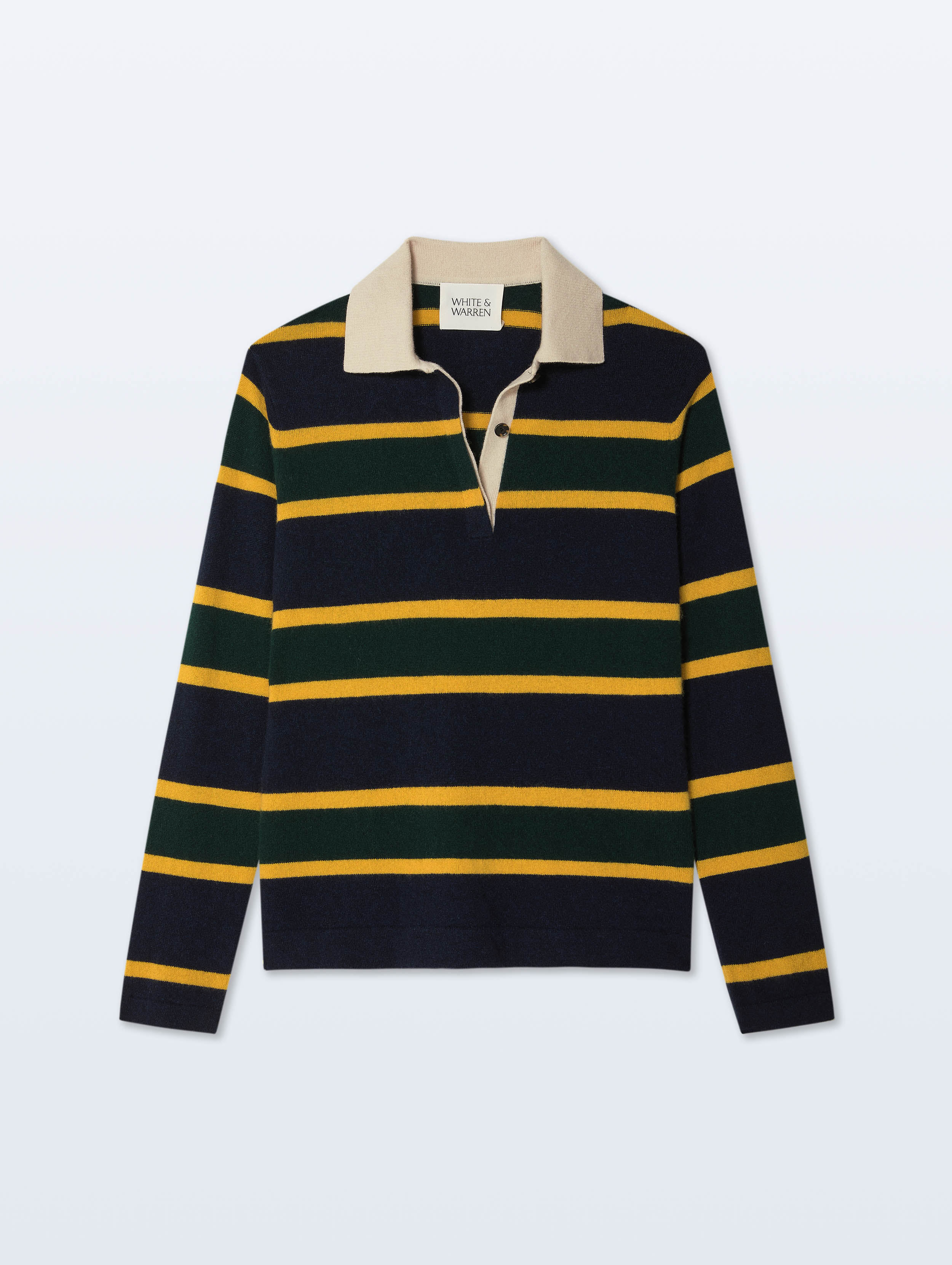 A long-sleeve striped polo shirt with navy, dark green, and yellow horizontal stripes, featuring a beige collar and a three-button placket, shown against a light gray background.