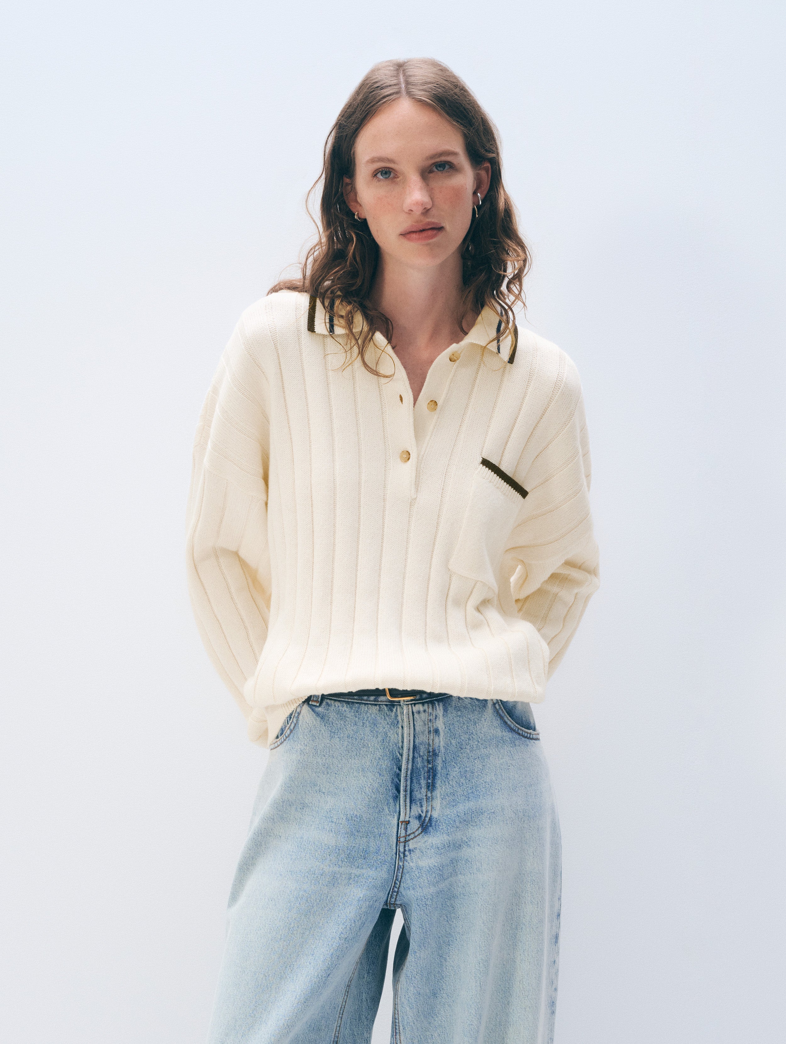 Cotton Cashmere Ribbed Polo | Ivory/Navy