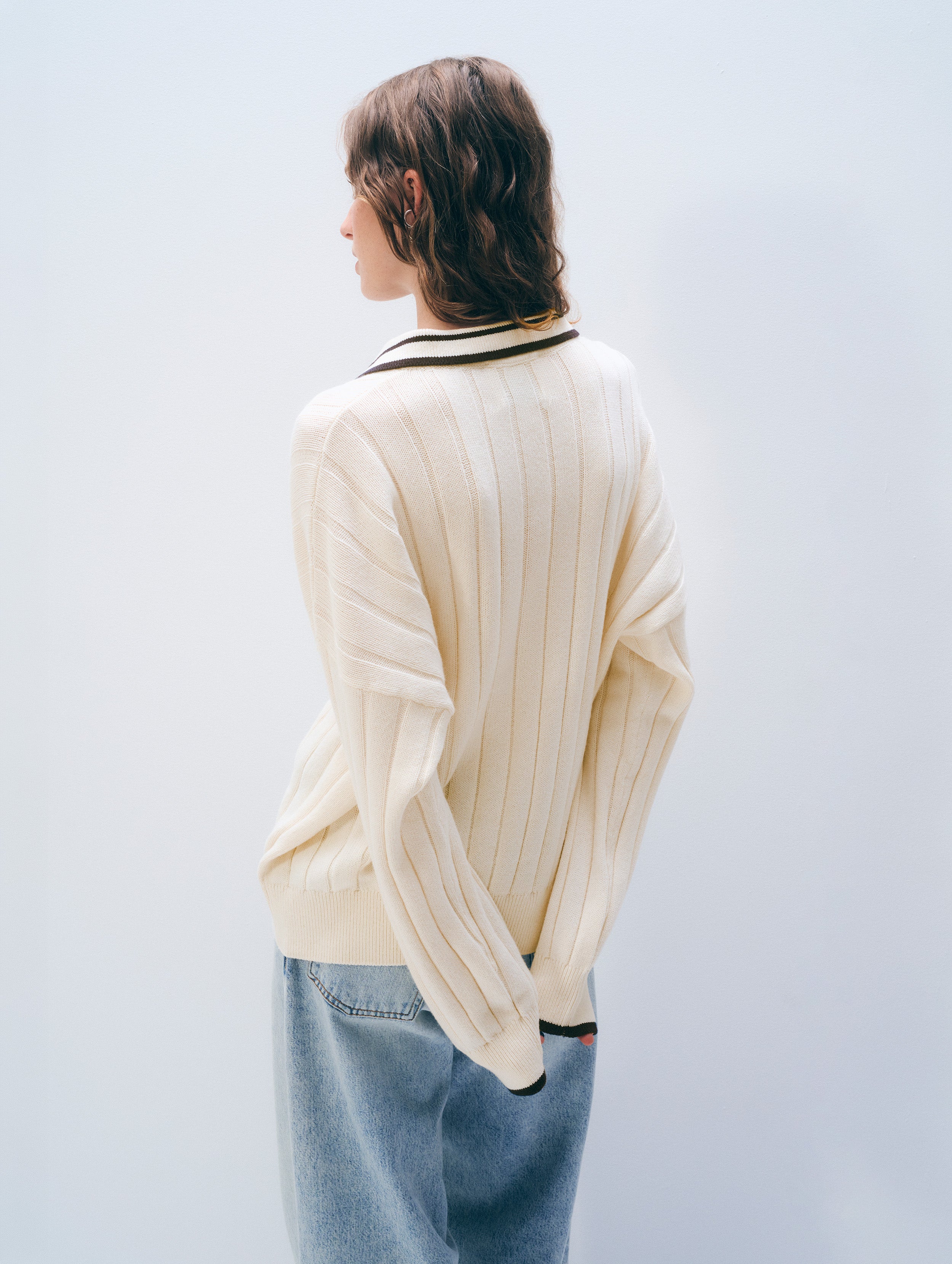 Cotton Cashmere Ribbed Polo | Ivory/Navy