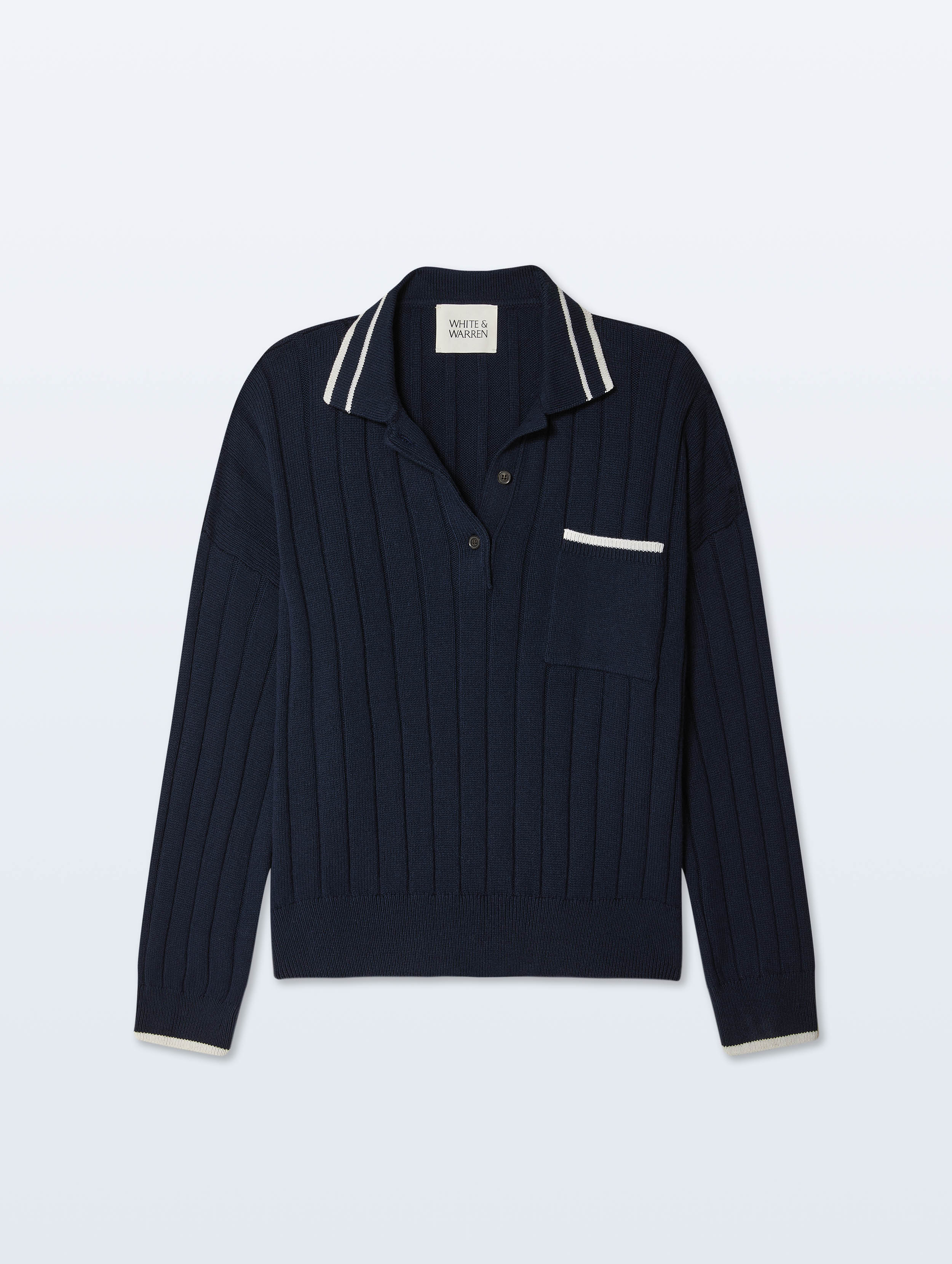 Cotton Cashmere Ribbed Polo | Navy/Ivory