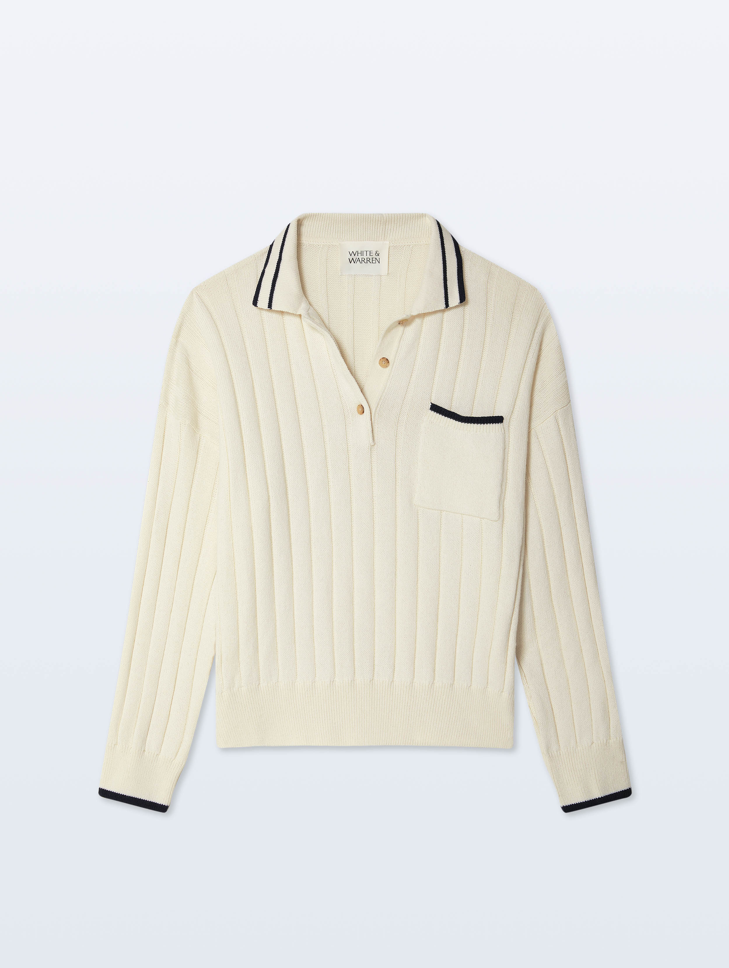 Cotton Cashmere Ribbed Polo | Ivory/Navy