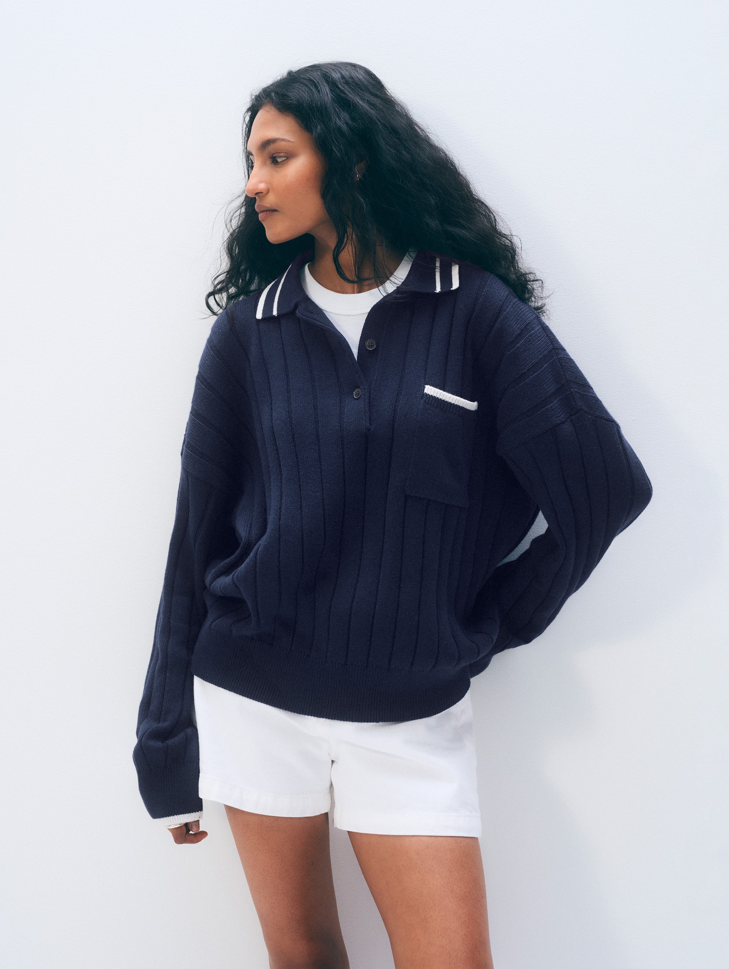 Cotton Cashmere Ribbed Polo | Navy/Ivory