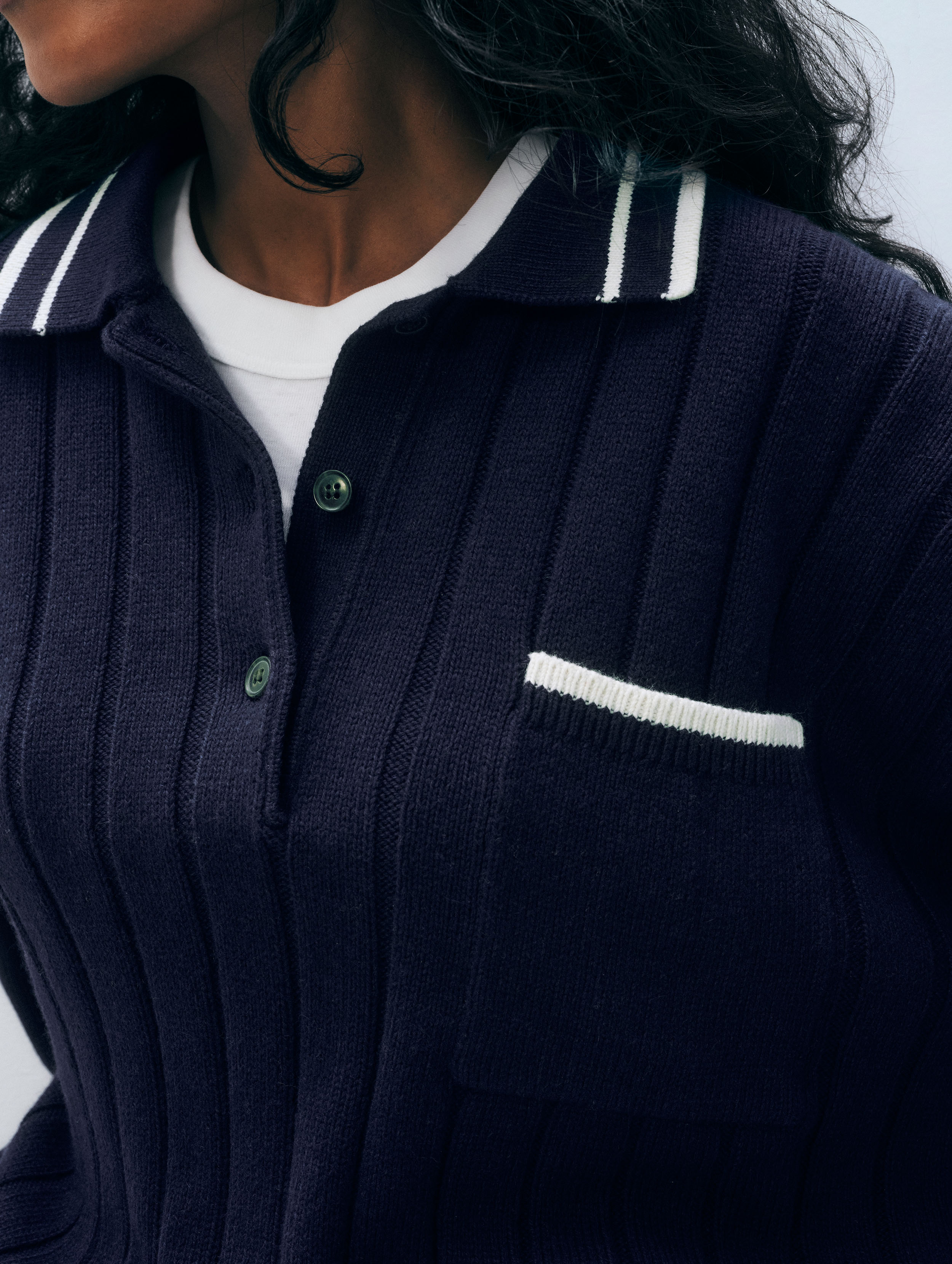 Cotton Cashmere Ribbed Polo | Navy/Ivory