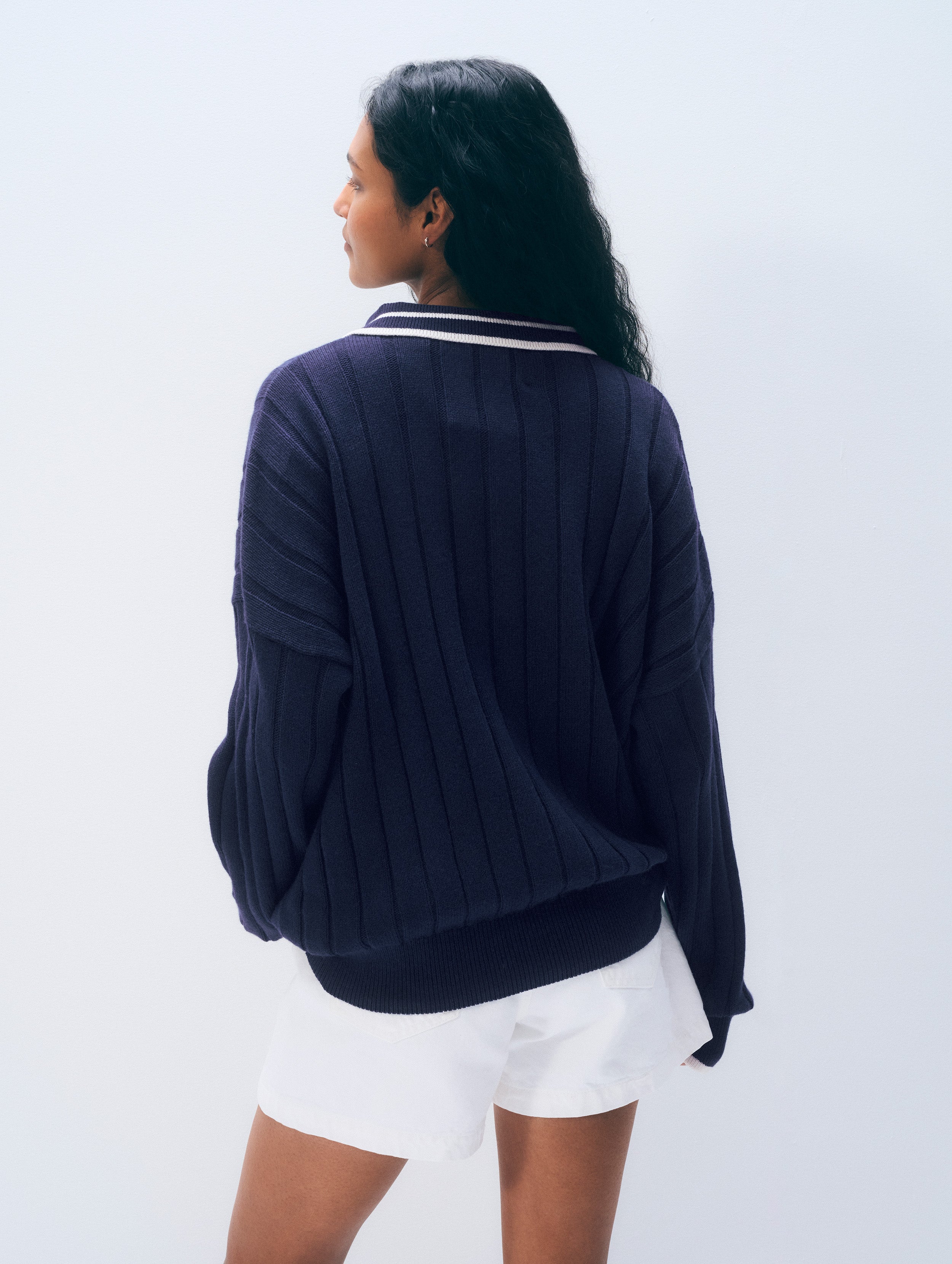 Cotton Cashmere Ribbed Polo | Navy/Ivory