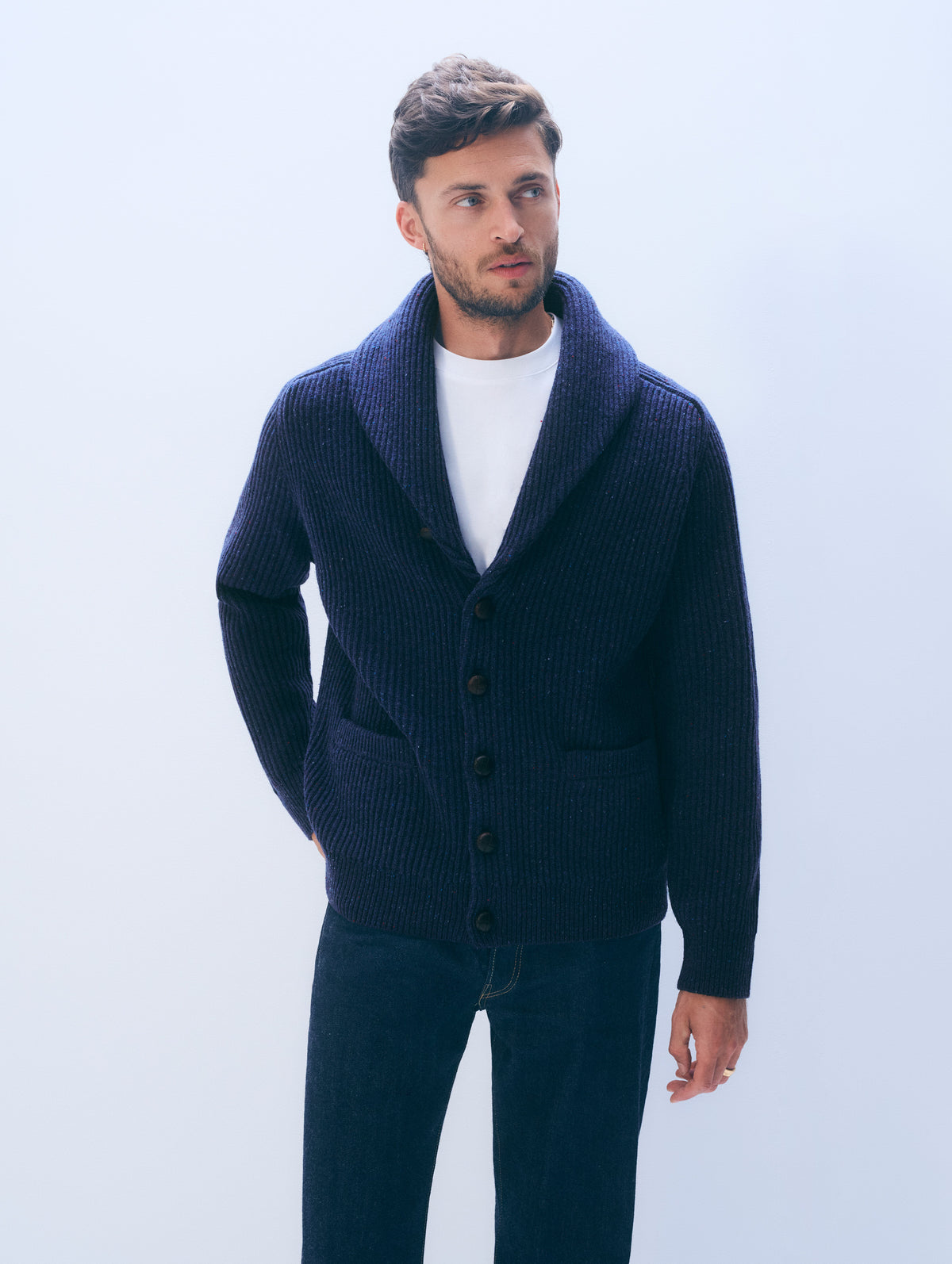 Merino Wool Donegal Shawl Cardigan | Midnight Donegal