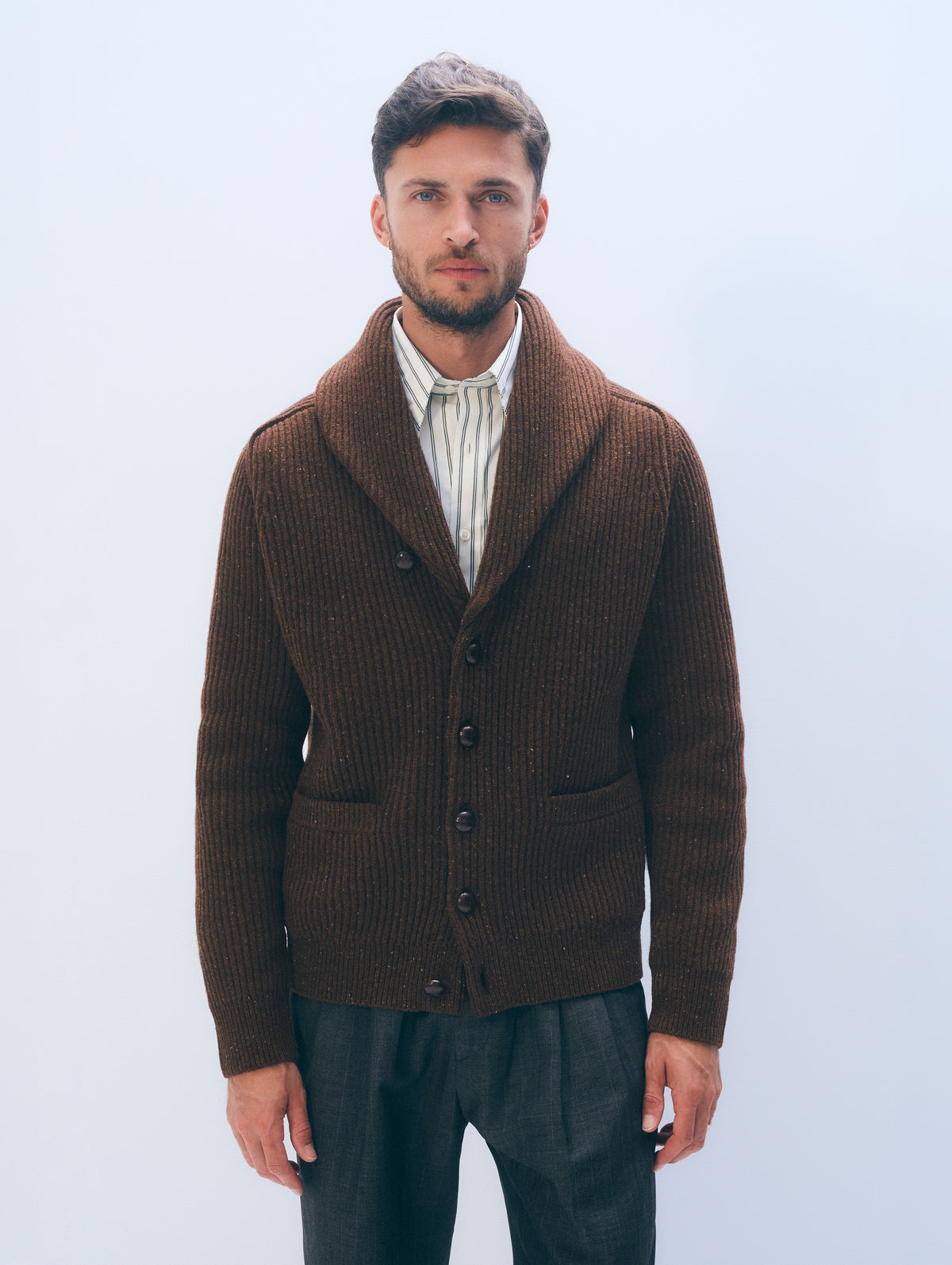 Merino Wool Donegal Shawl Cardigan | Walnut Donegal
