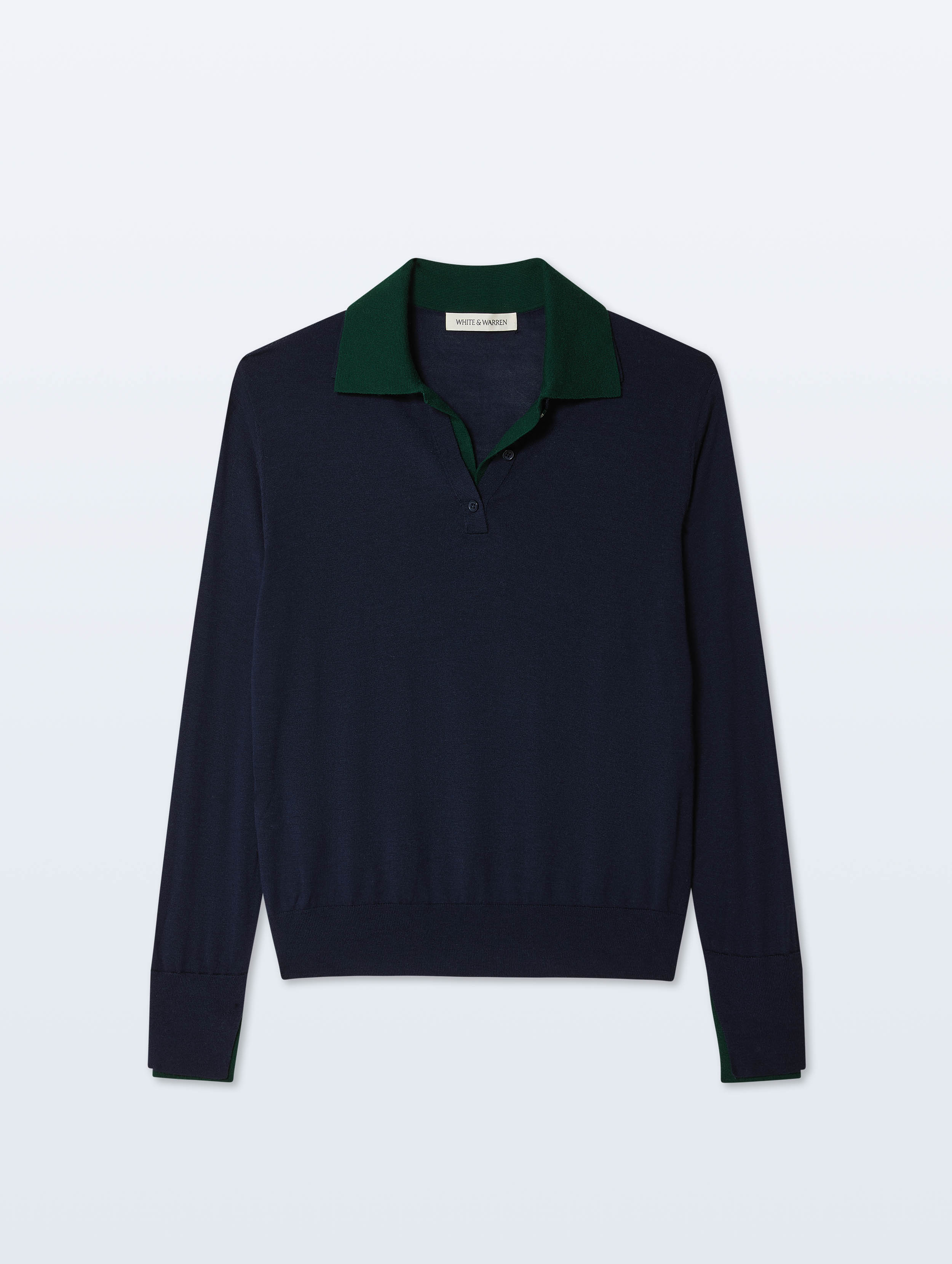 A dark navy blue long-sleeve knit polo sweater with a contrasting dark green collar, displayed flat against a light gray background.