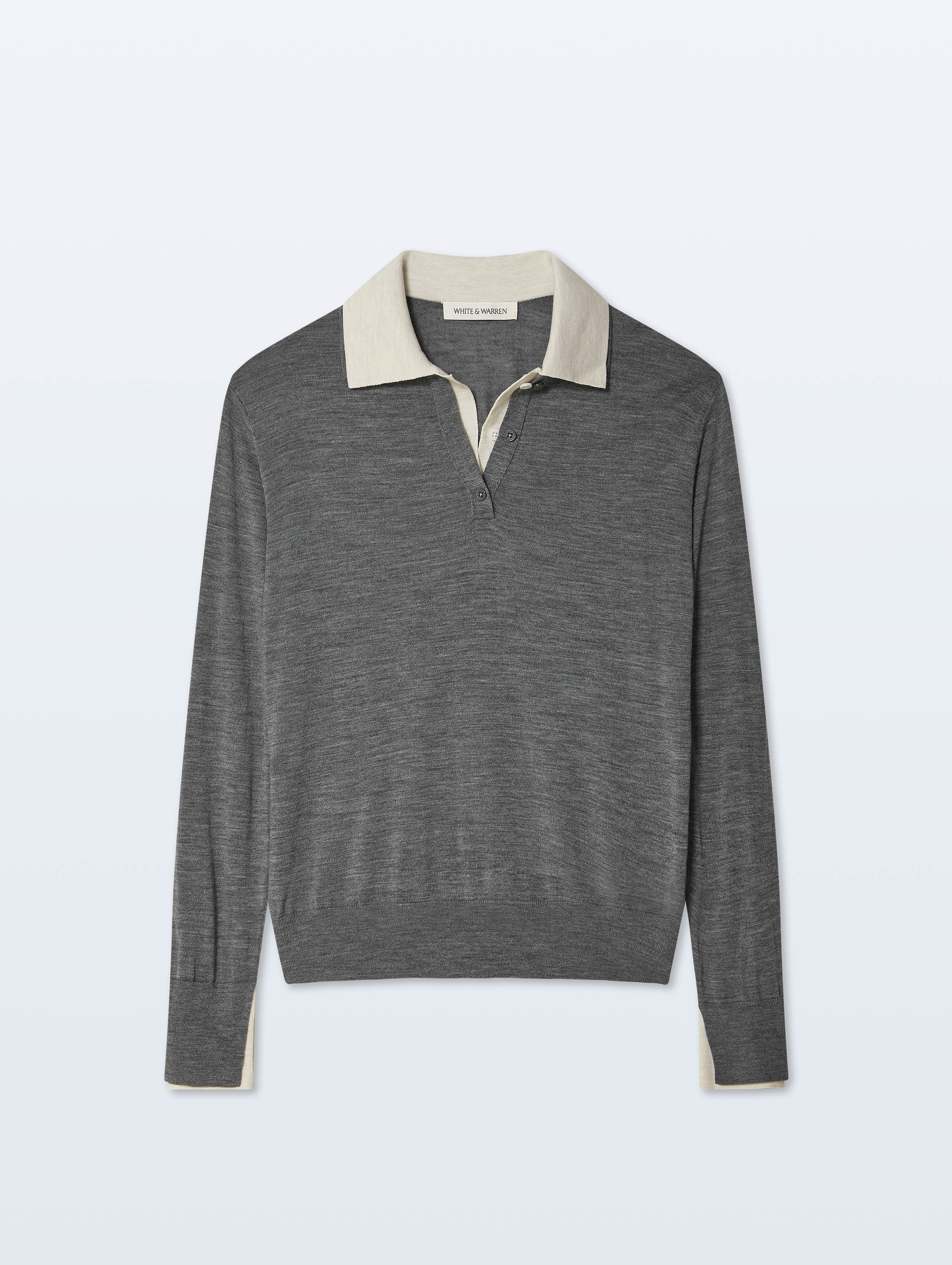 A dark gray long-sleeve polo sweater with a contrasting light beige collar and matching light beige inner placket, shown flat against a light gray background.