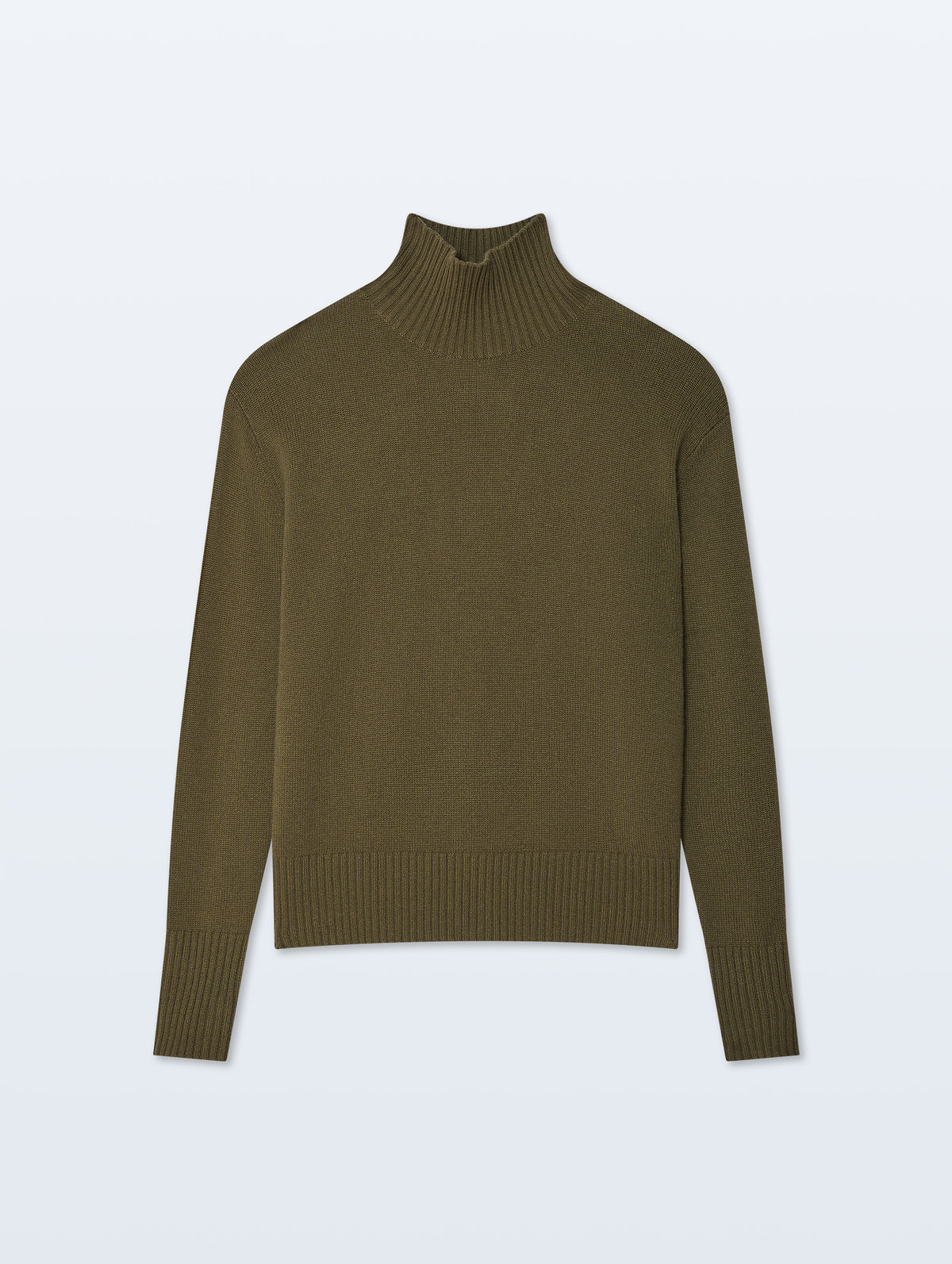 An olive green ribbed knit turtleneck sweater displayed flat against a light gray background.