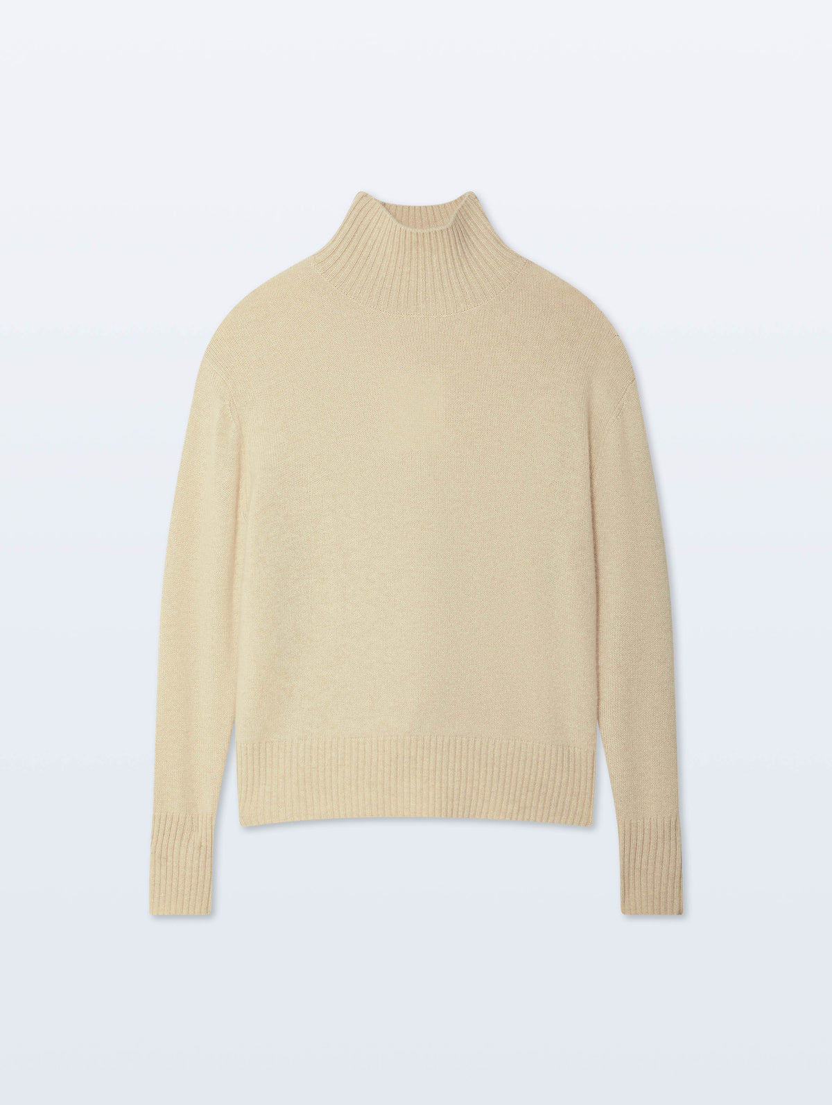 A light beige ribbed knit mock neck sweater displayed on a clean, light blue-white gradient background.