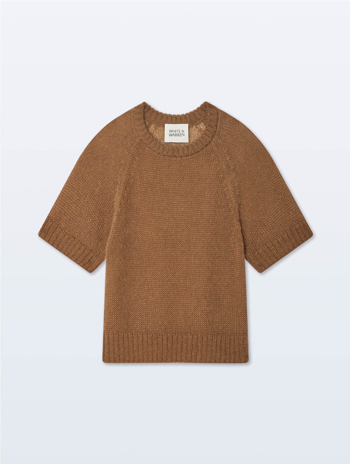 A short-sleeve knit sweater in a warm camel brown color, laid flat against a light gray background. 