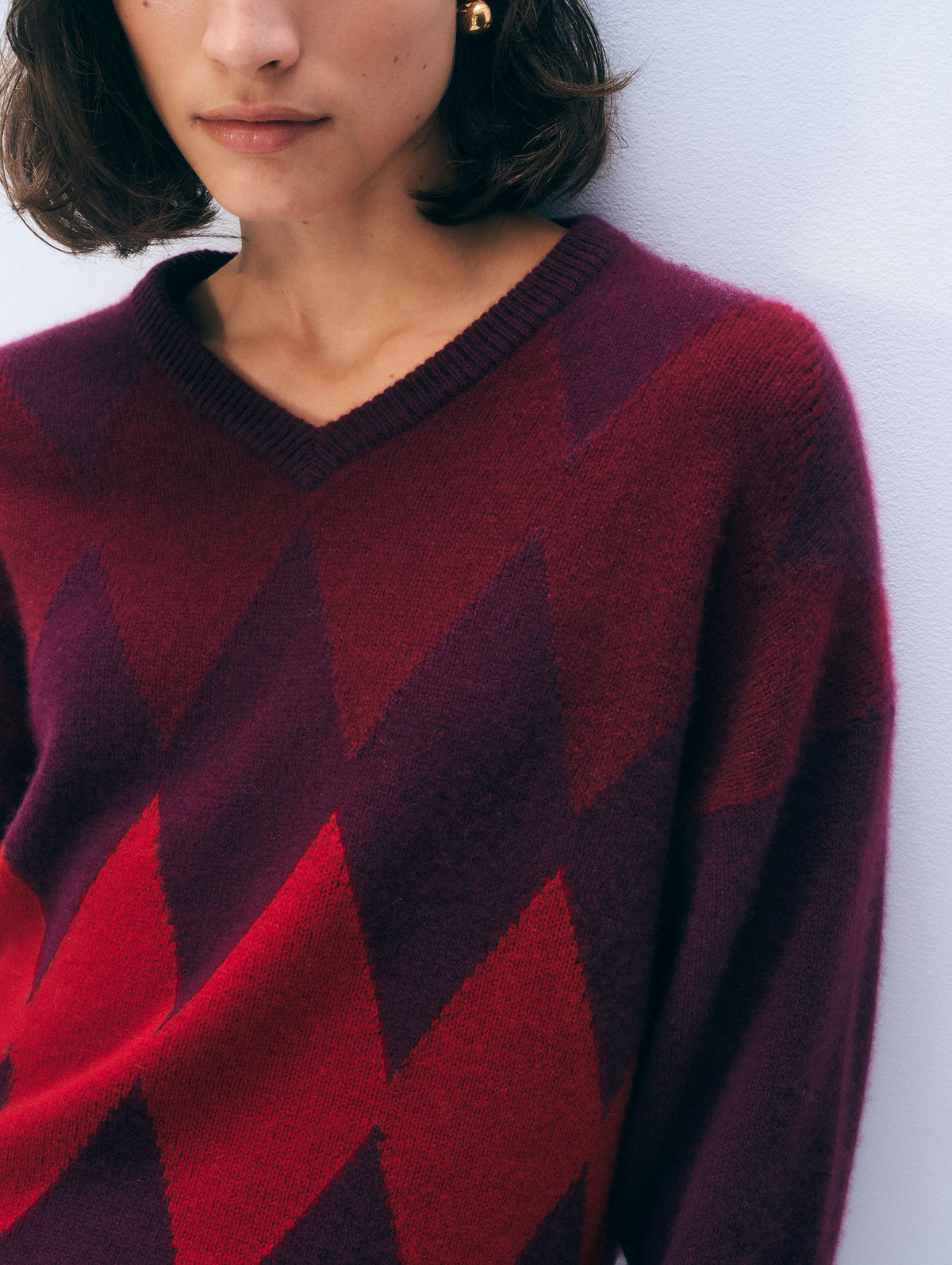 Cashmere Argyle Oversized V-Neck | Sangria Combo