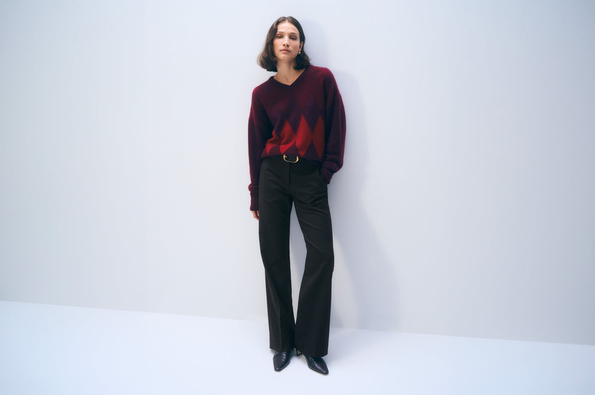 Cashmere Argyle Oversized V-Neck | Sangria Combo