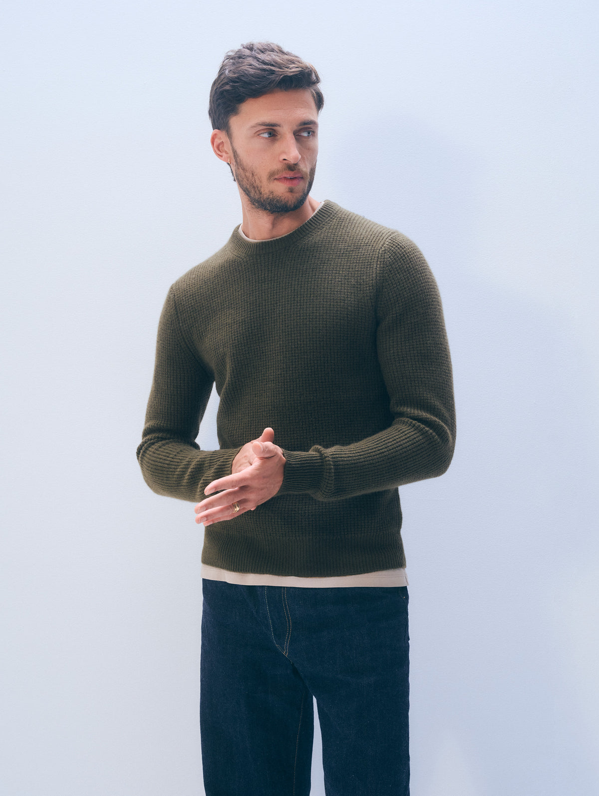 Cashmere Blend Waffle Crewneck | Deep Sage