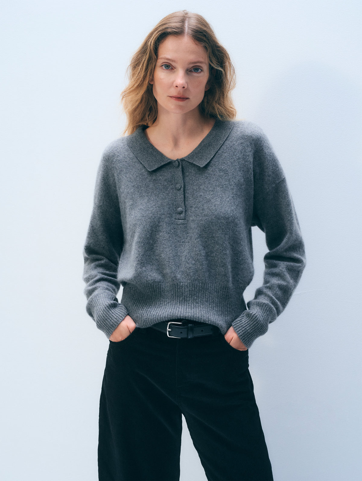 Cashmere Long Sleeve Polo | Graphite Heather