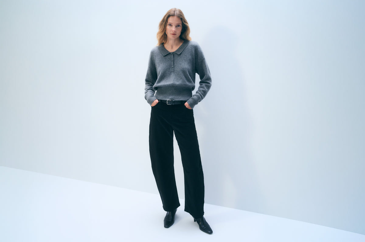 Cashmere Long Sleeve Polo | Graphite Heather