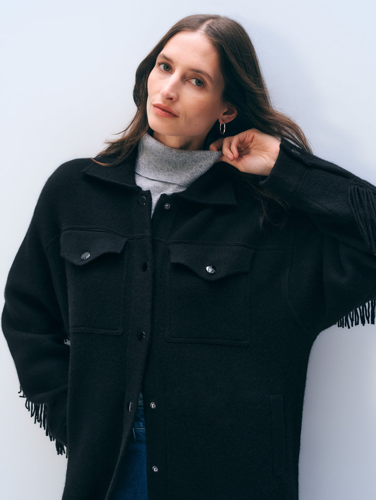 Cashmere Merino Fringe Coat | Black