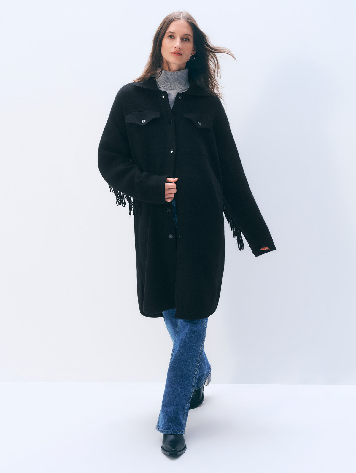 Cashmere Merino Fringe Coat | Black