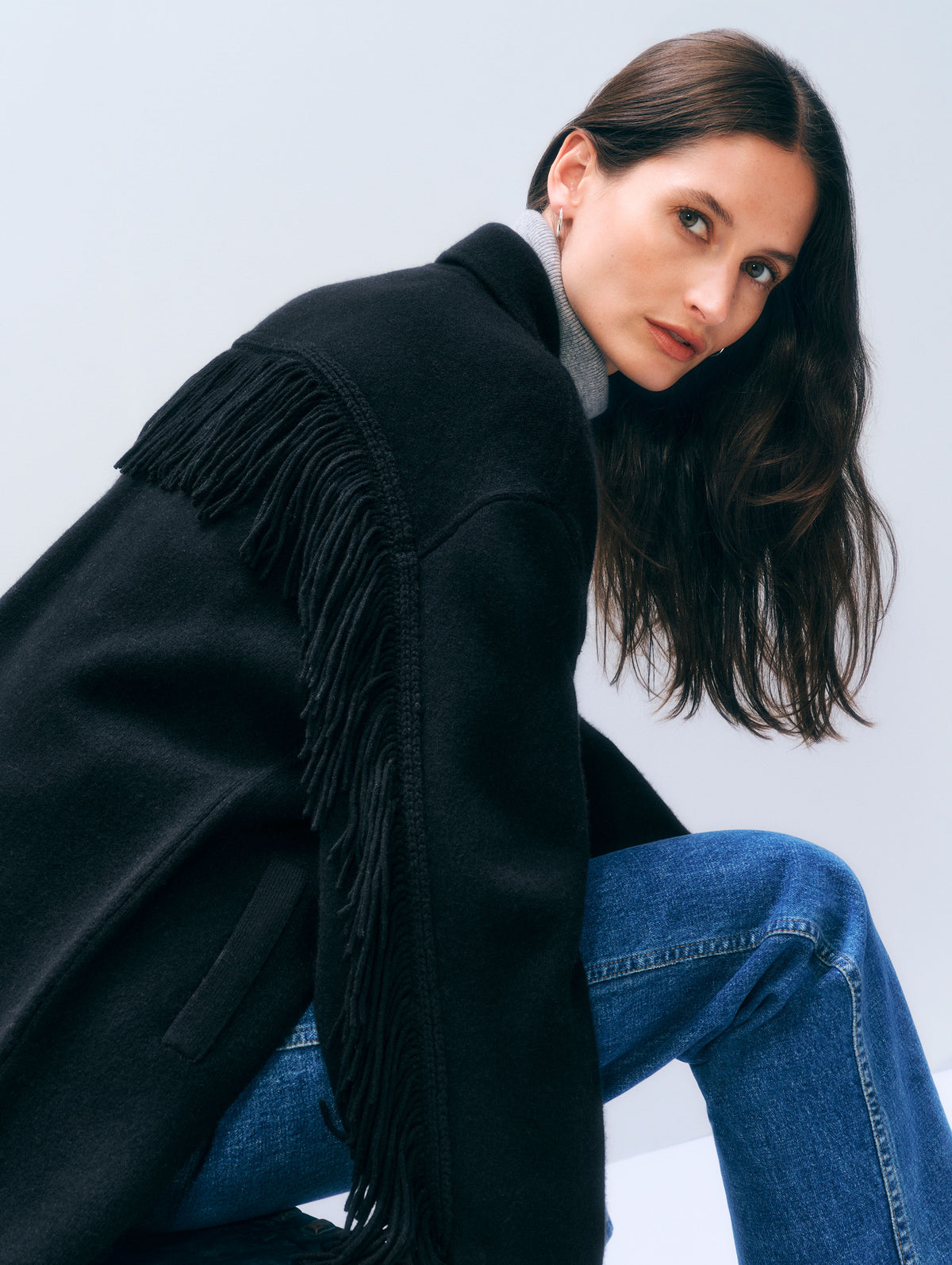 Cashmere Merino Fringe Coat | Black