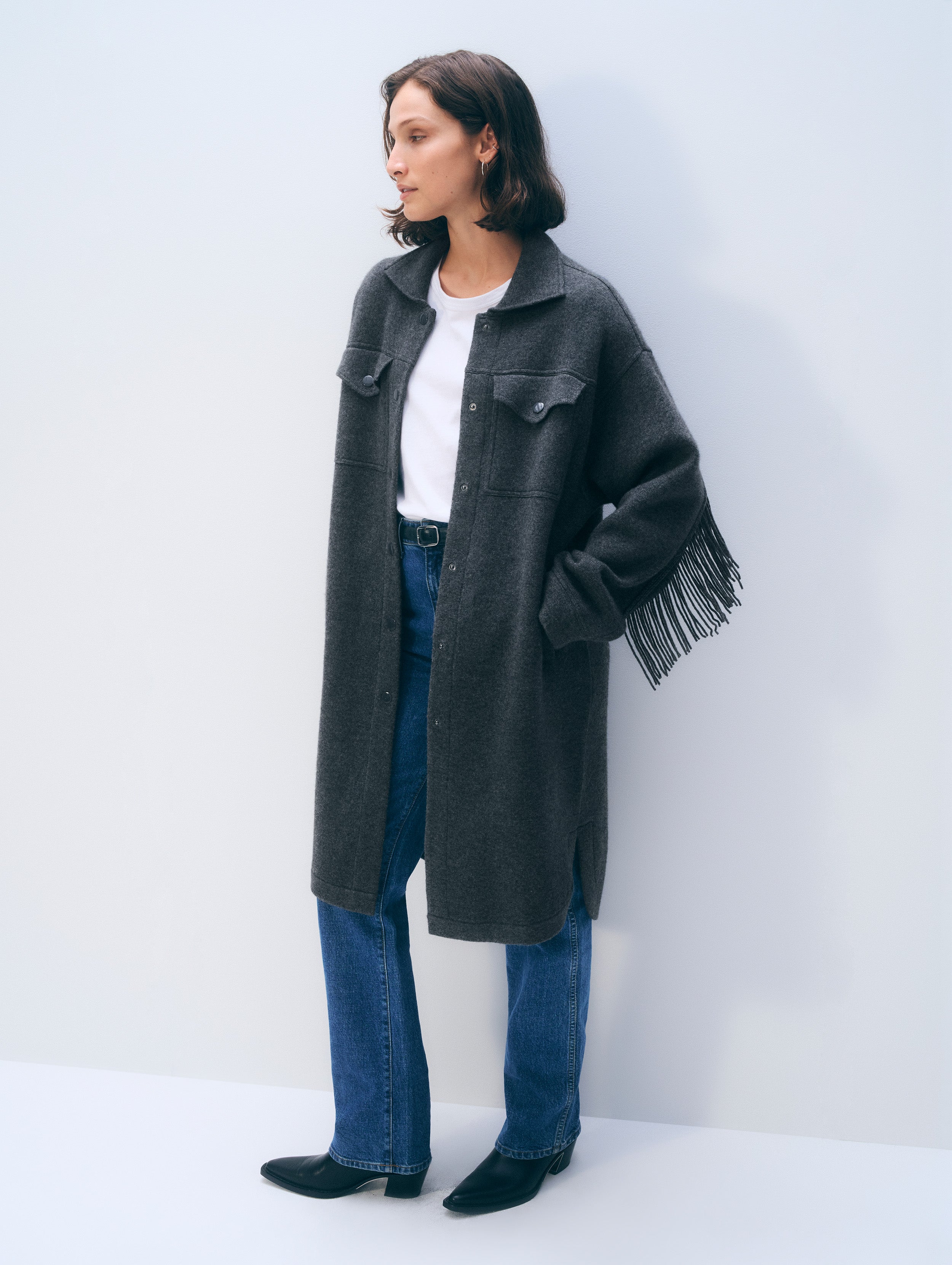 Cashmere Merino Fringe Coat | Dark Granite